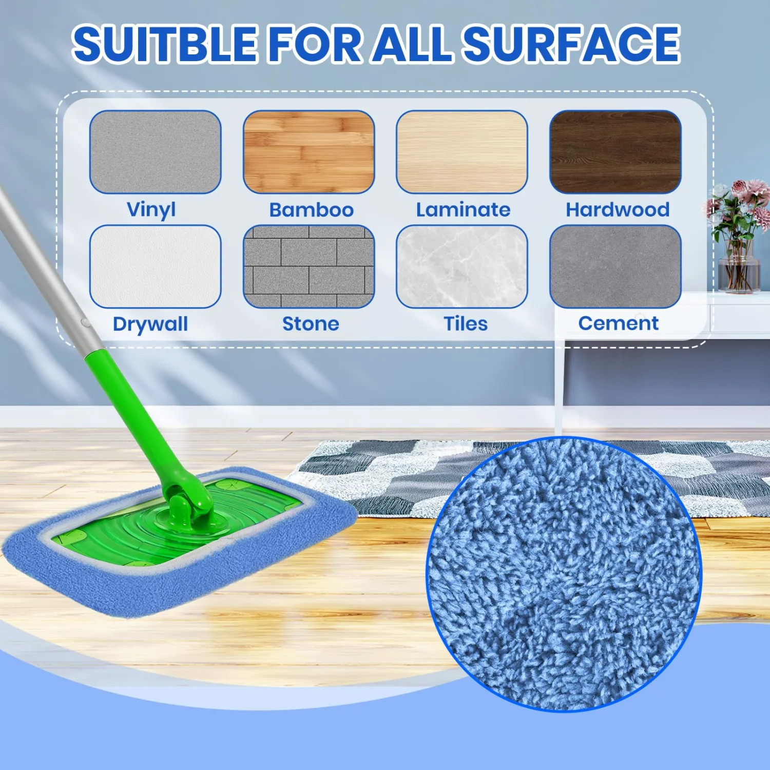 6 Pack Reusable Microfiber Mop Pads - Compatible with Sweeper, Reusable Mop Pads, Washable Dry Cloths & Wet Pads Refill for Hardwood Laminate Tile Floor Cleaning (6, Blue, M)