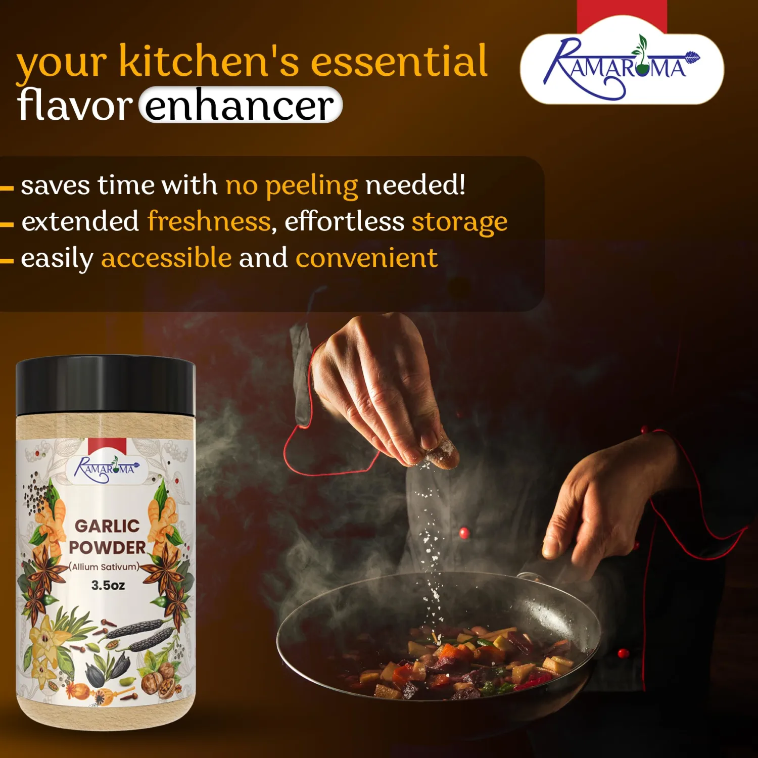 Ramaroma Premium Seasoning & Spice Mix Variety – Hing (Asafoetida), Garlic & Onion Powder, Garlic & Onion Minced (Garlic Powder)