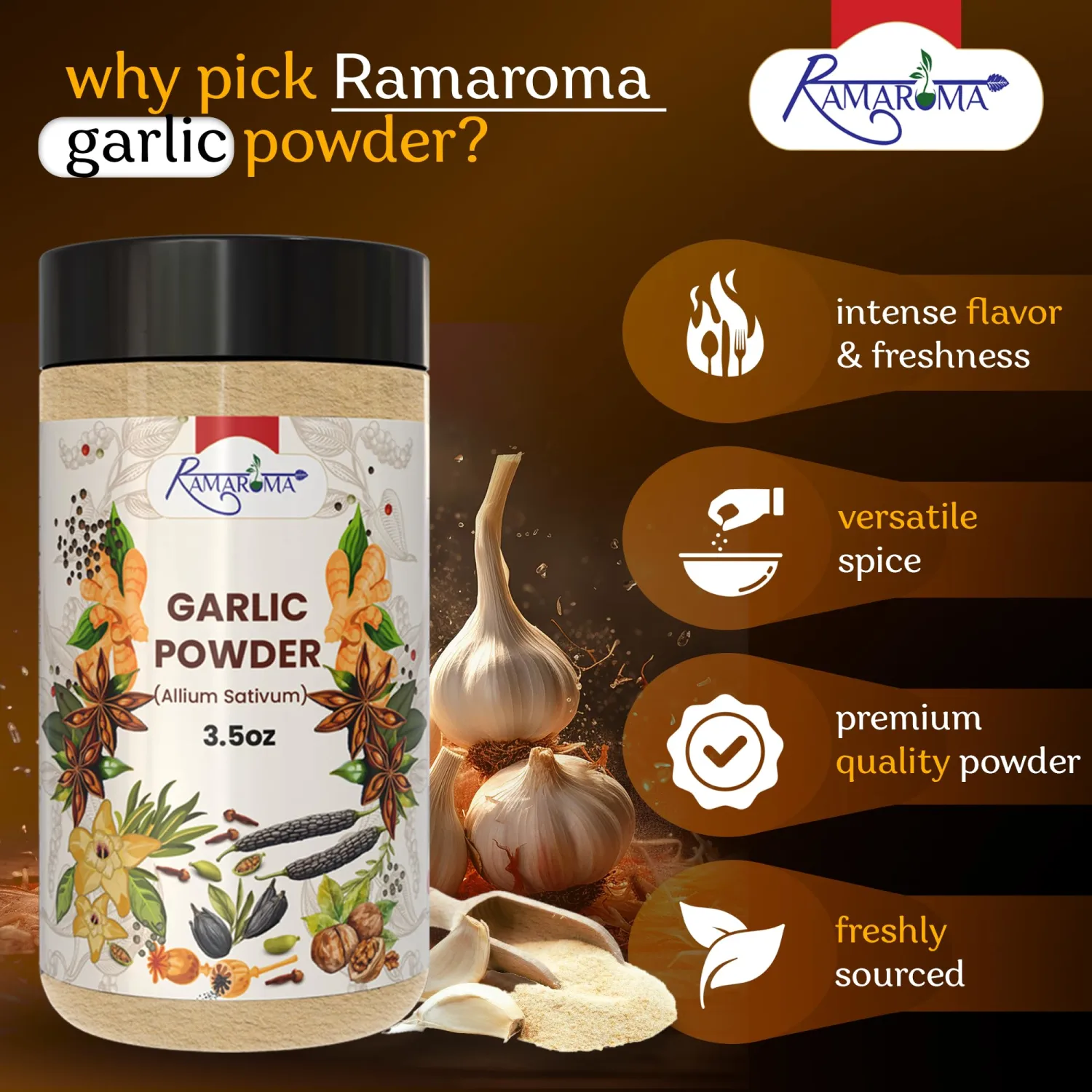 Ramaroma Premium Seasoning & Spice Mix Variety – Hing (Asafoetida), Garlic & Onion Powder, Garlic & Onion Minced (Garlic Powder)