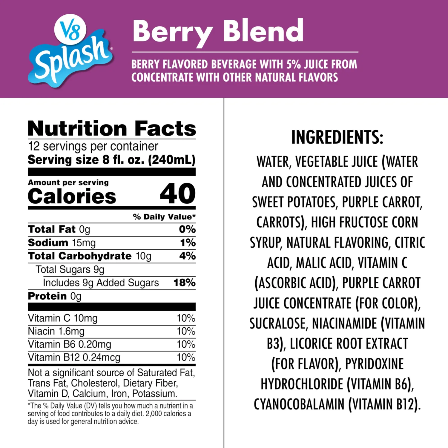 V8 Splash Berry Blend Flavored Beverage, 96 fl oz Bottle (Pack of 2)