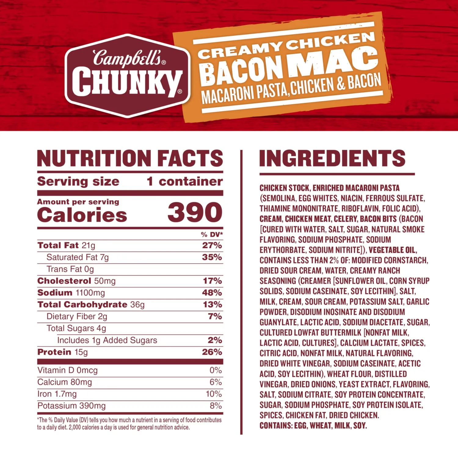 Campbell’s Chunky Soup, Creamy Chicken Bacon Mac, 15.25 oz Microwavable Bowl