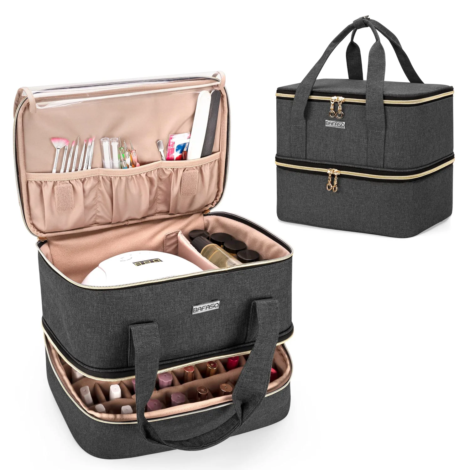 BAFASO Nail Polish Organizer Holds 40 Bottles (15ml - 0.5 fl.oz) and a Nail Lamp, Nail Polish Carrying Case with Manicure Tools Storage Sections (Bag Only), Black