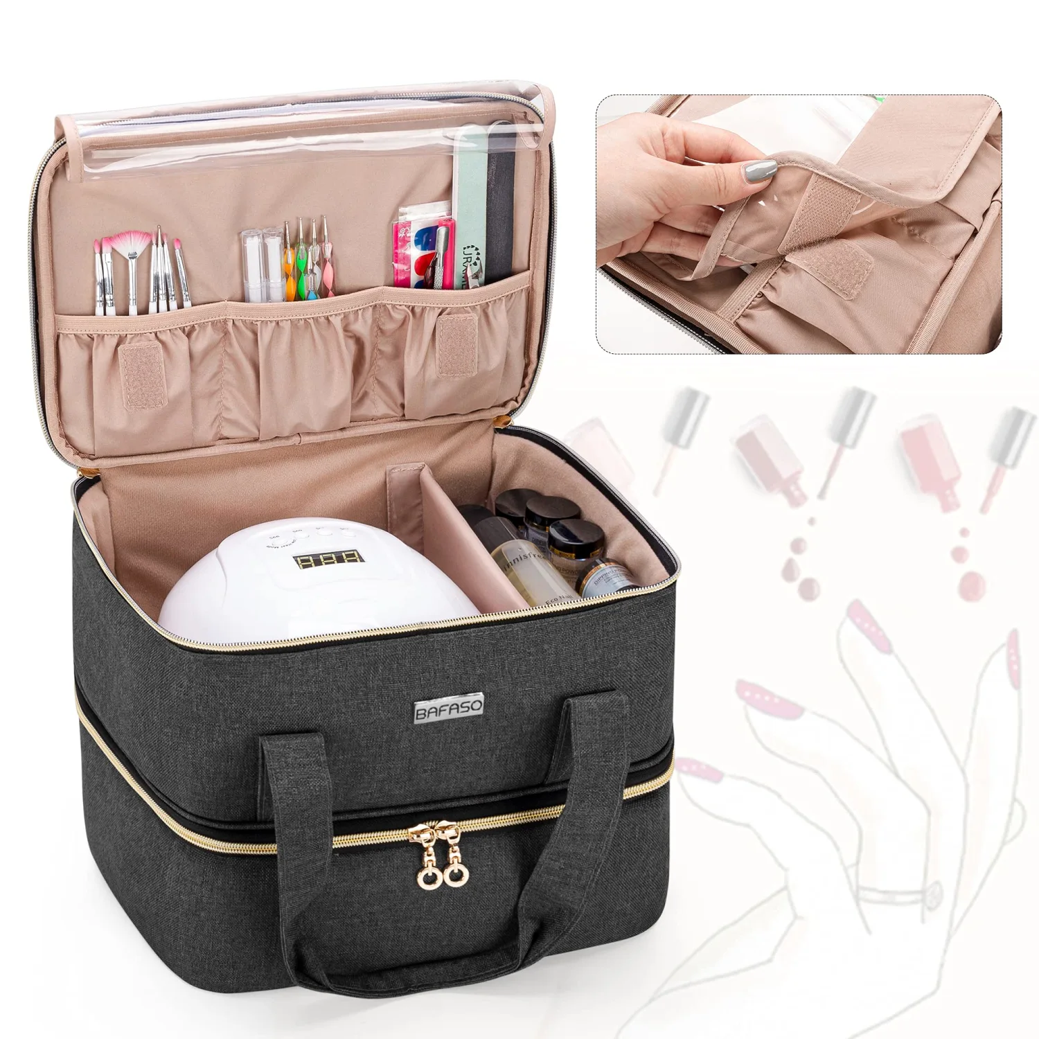 BAFASO Nail Polish Organizer Holds 40 Bottles (15ml - 0.5 fl.oz) and a Nail Lamp, Nail Polish Carrying Case with Manicure Tools Storage Sections (Bag Only), Black