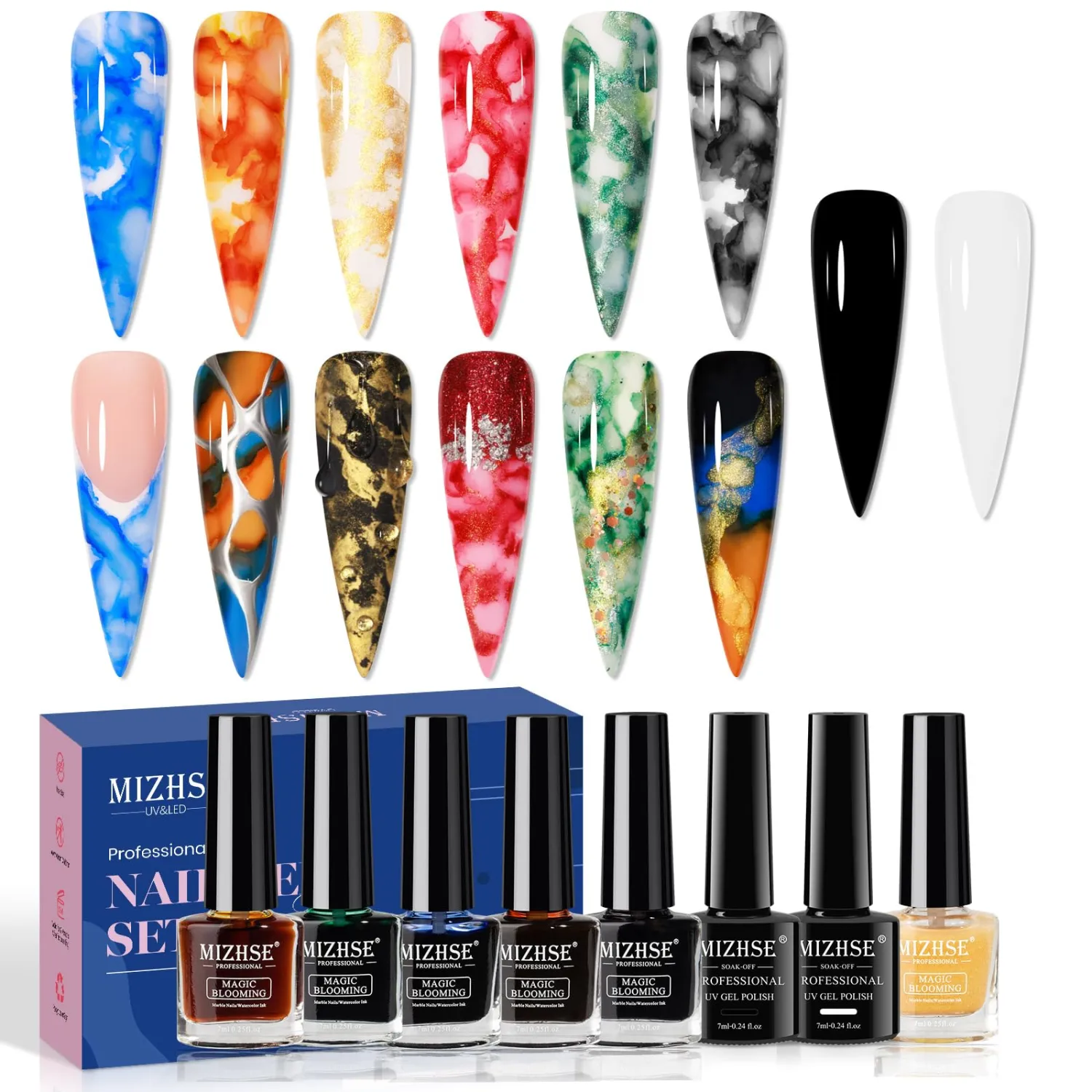 MIZHSE Glitter Marble Nail Polish Set, 8 Colors Marble Ink for Nails Blooming Gel Nail Polish Watercolor Ink Polish for Nails Design Home DIY
