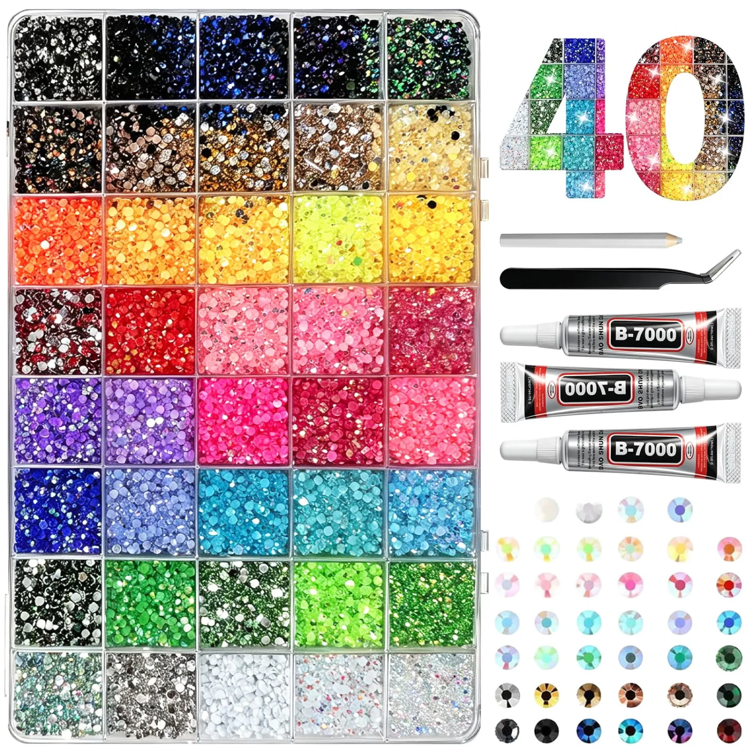 40000 Pcs 40 Colors Bedazzling Kit with Rhinestones, Resin Jelly Rhinestones for Bedazzled Kits, Multicolor Gem Bedazzler Kit for Crafting, DIY Arts, Nail Art, Shoe, Book