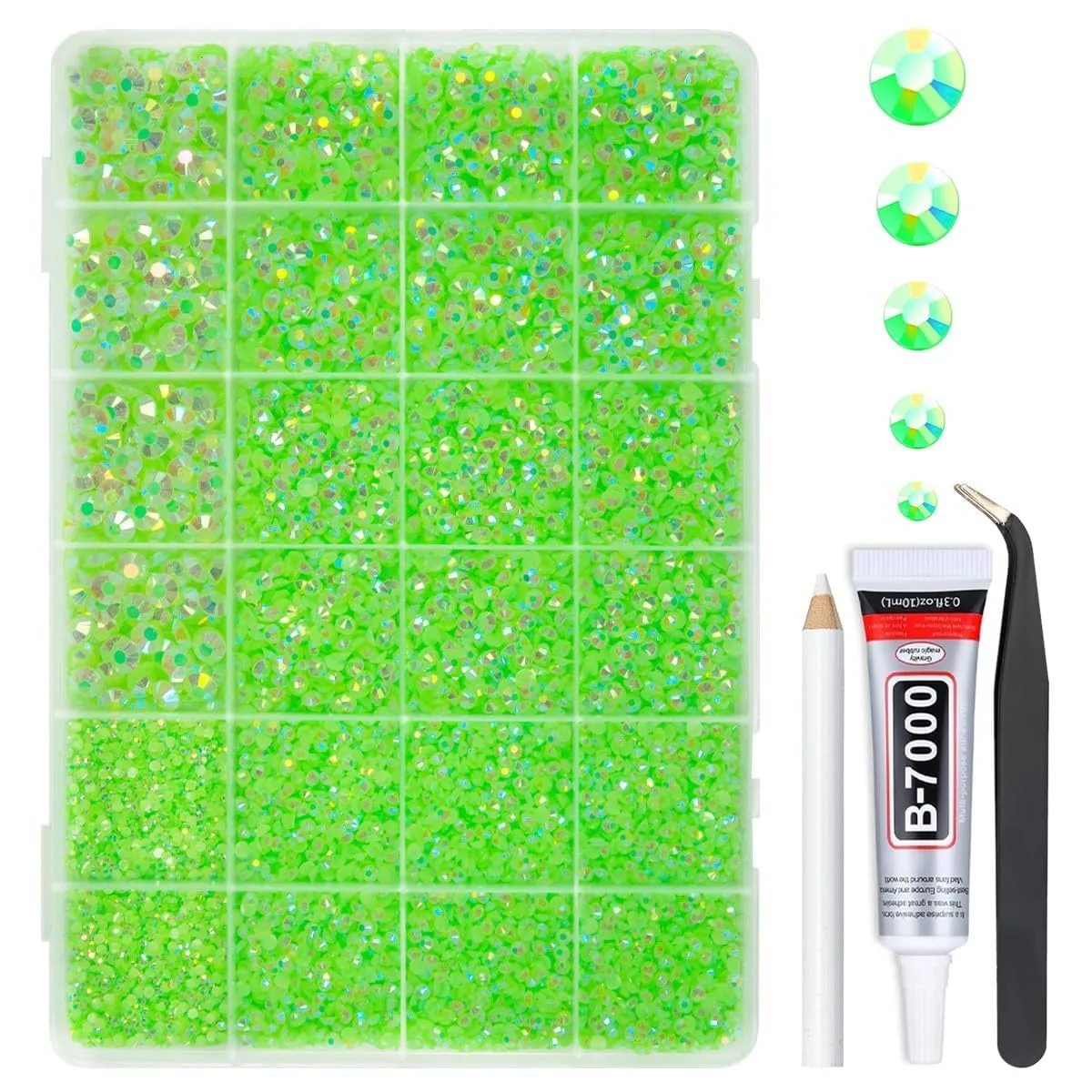 qiipii Peridot AB Resin Rhinestones w B7000 Jewelry Glue for Bedazzling Crafting 2mm-6mm Neon Green Flatback Jelly Stones Diamonds Gems Bedazzler Kit for Nails Face Eyes Makeup Tumblers Bottles Crafts