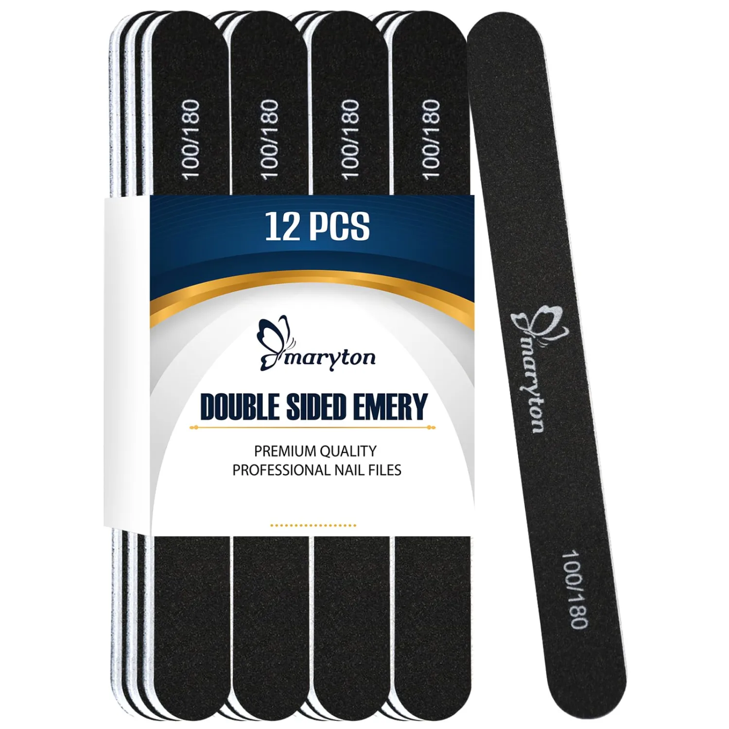 Maryton Nail File 100/180 Grit Emery Boards for Nails 12 PCS Professional Double Sided Washable Nail Files Kit for Acrylic Nails DIY Salon Use (Black)