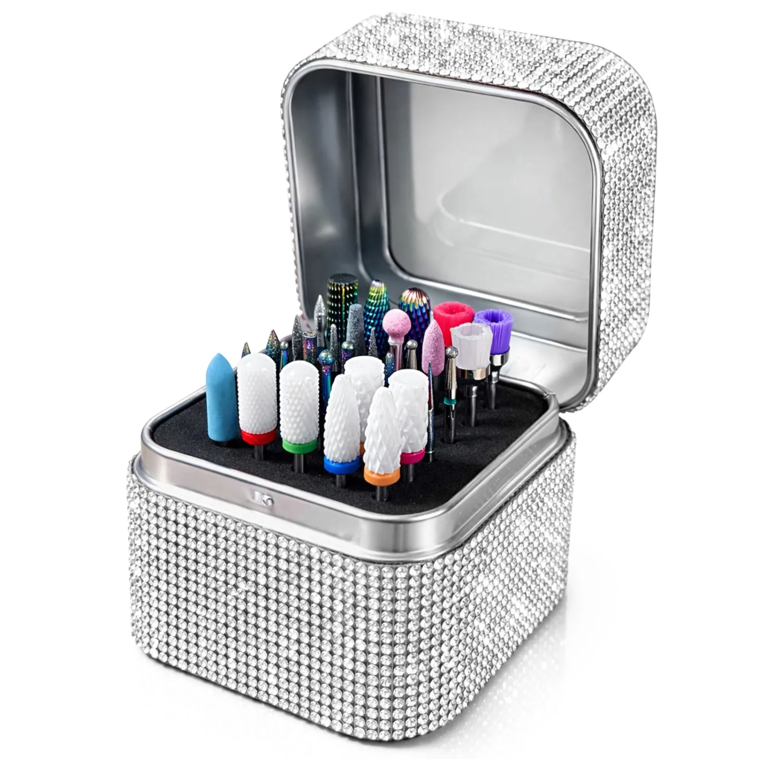 Nail Drill Bit Holder, Dustproof Rhinestones Drill Bit Organizer Case 30 Holes Efile Nail Tech Bits Storage Container Box Manicure Tools E file Accessories Collector for Salon, Travel, Home(Only Box)