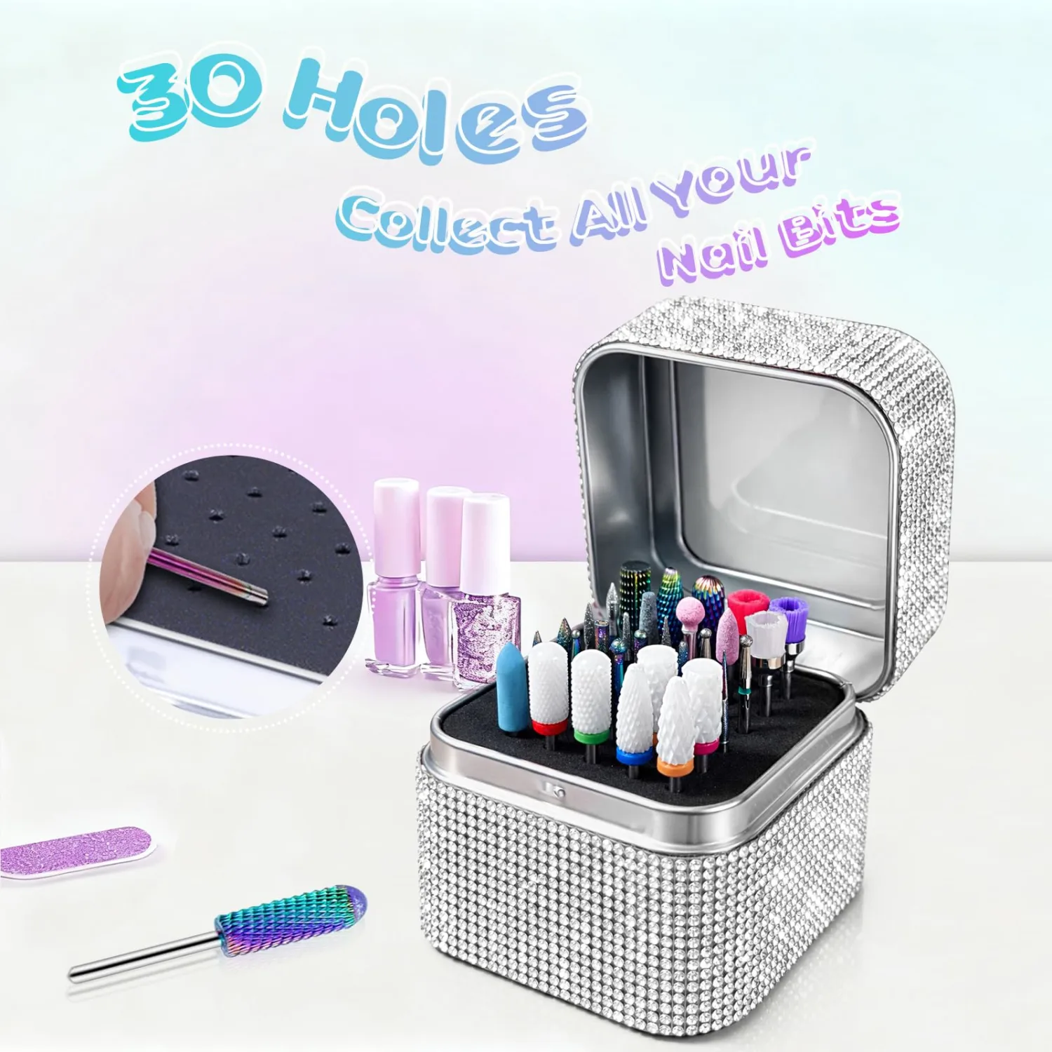 Nail Drill Bit Holder, Dustproof Rhinestones Drill Bit Organizer Case 30 Holes Efile Nail Tech Bits Storage Container Box Manicure Tools E file Accessories Collector for Salon, Travel, Home(Only Box)