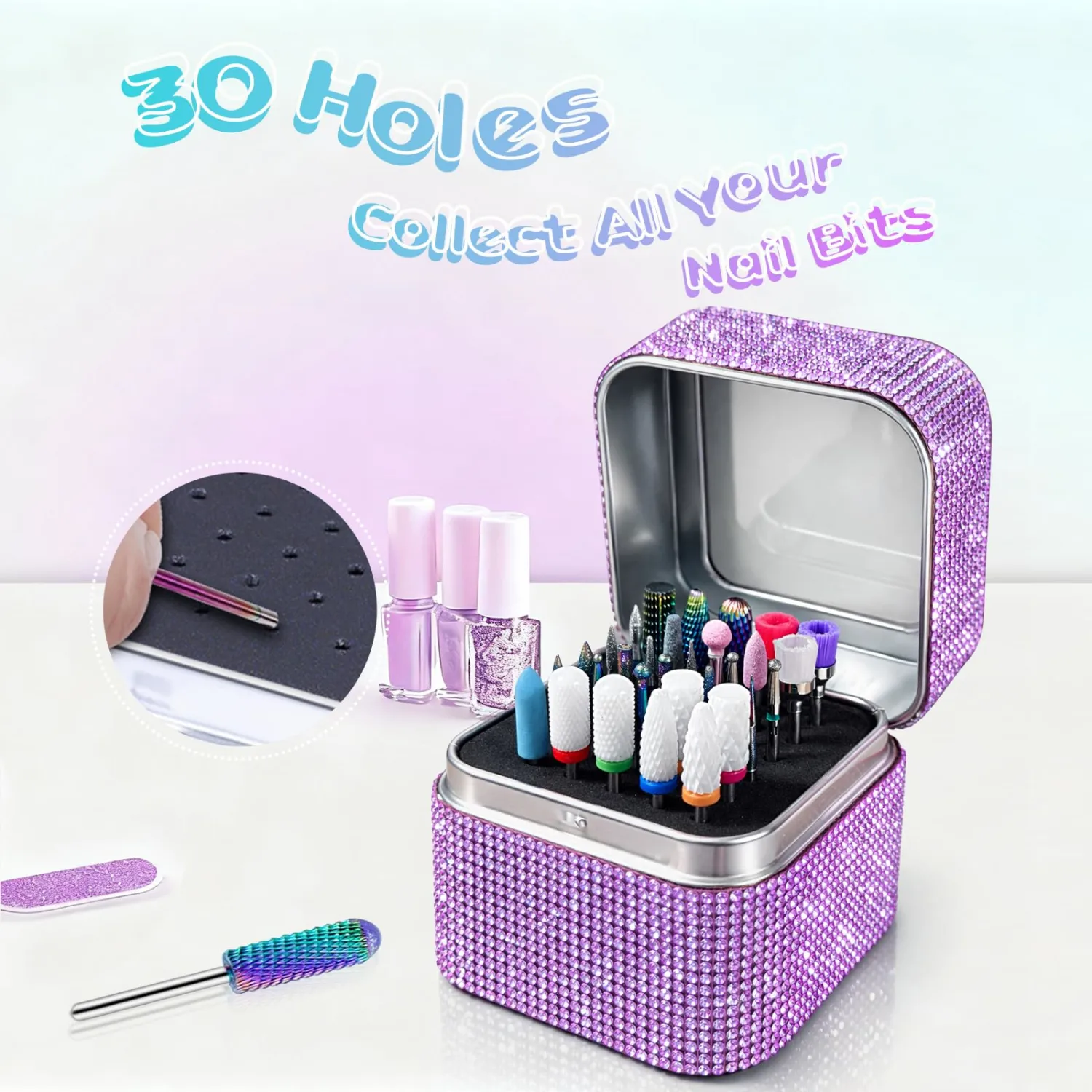 Nail Drill Bit Holder, Dustproof Rhinestones Drill Bit Organizer Case 30 Holes Efile Nail Tech Bits Storage Container Box Manicure Tools E file Accessories Collector for Salon, Travel, Home(Only Box)