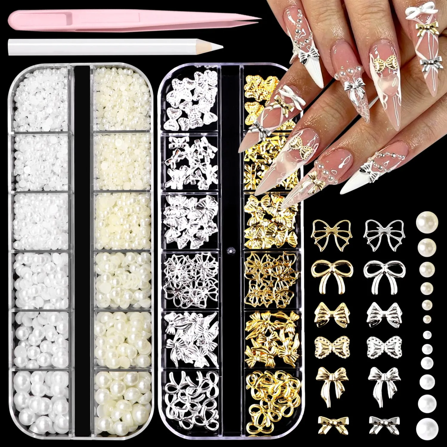 BELICEY 3D Bow Nail Charms Gold Silver Bow for Nails Beige White Flatback Pearls, Metal Bowknot Charm and Gems Studs for Women Girls DIY Nail Art Supplies Accessories Crafts