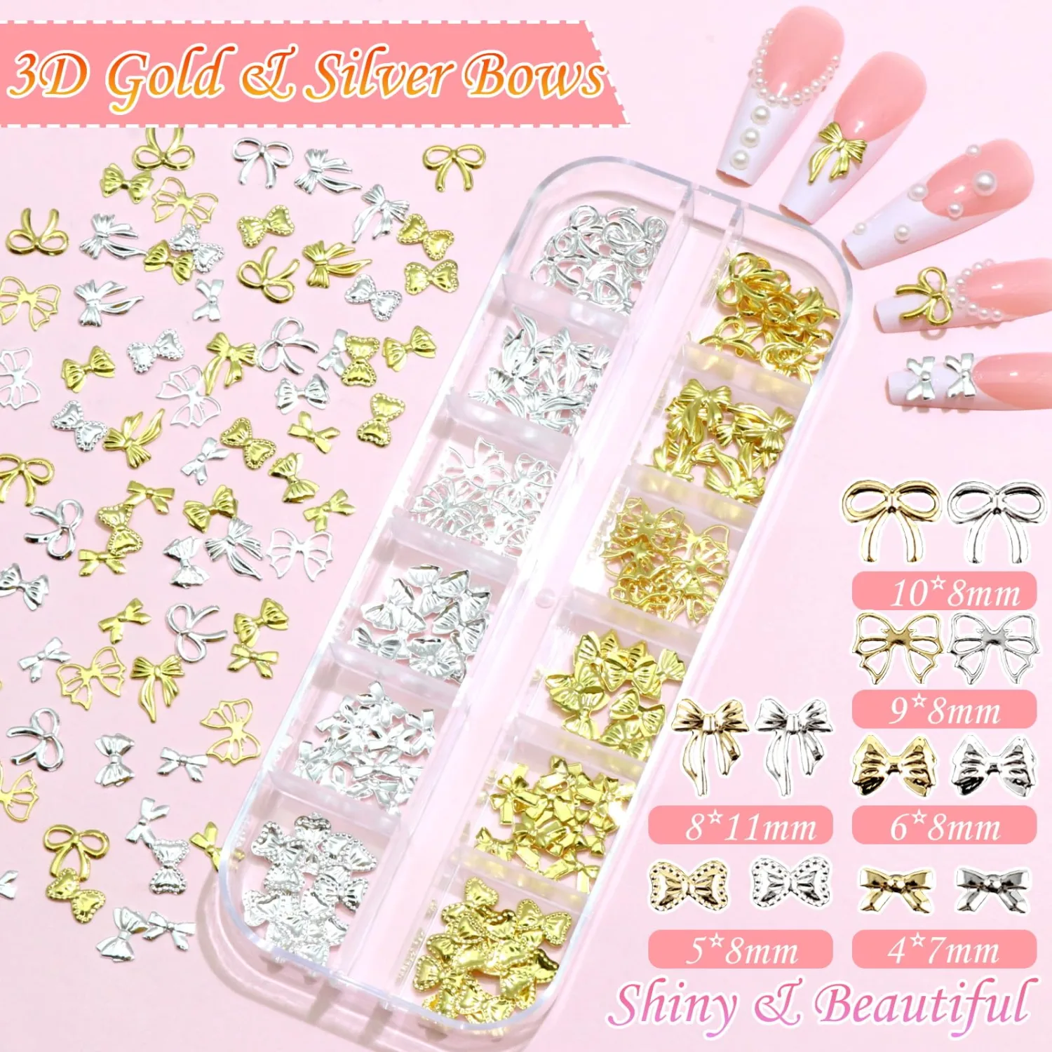 BELICEY 3D Bow Nail Charms Gold Silver Bow for Nails Beige White Flatback Pearls, Metal Bowknot Charm and Gems Studs for Women Girls DIY Nail Art Supplies Accessories Crafts