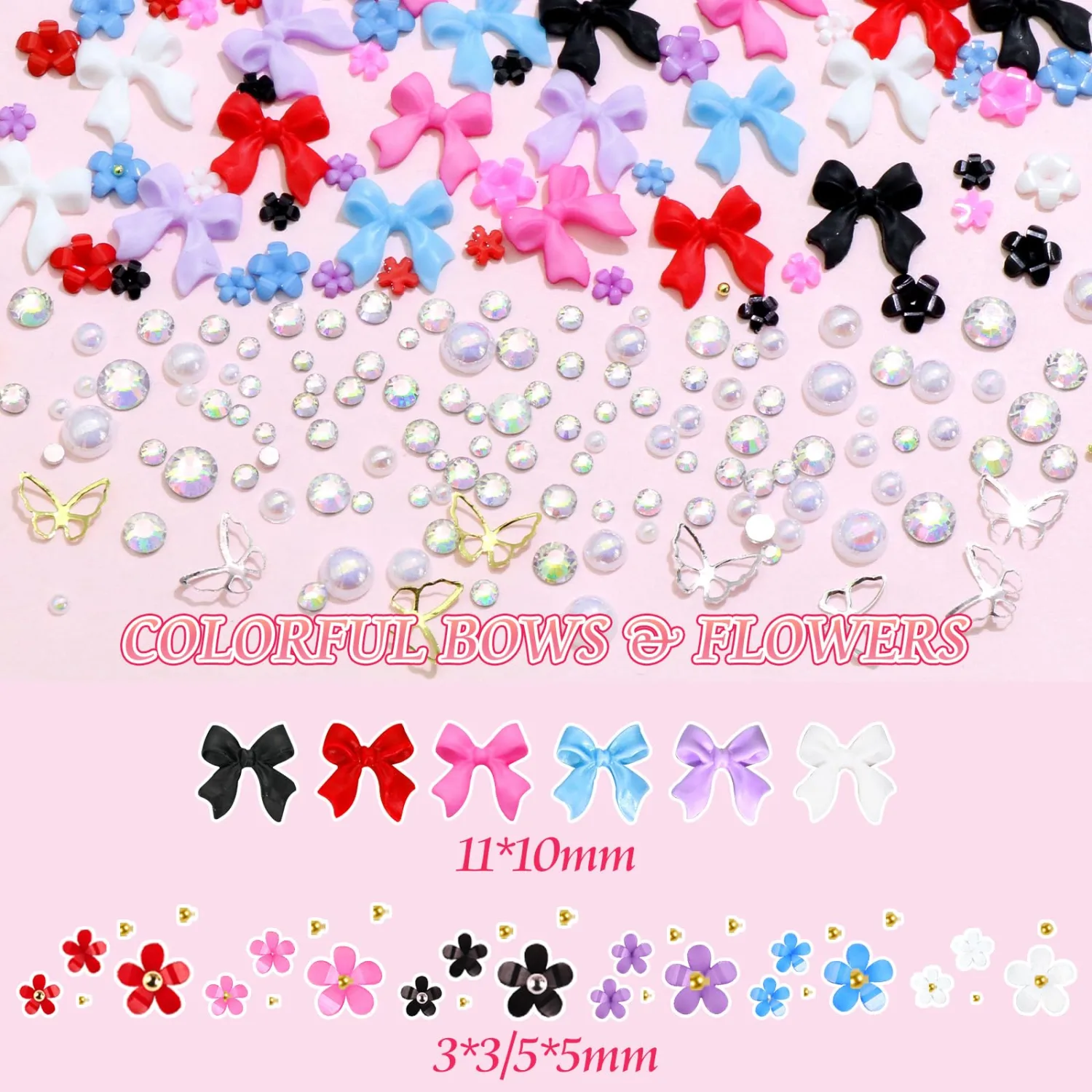 BELICEY 3D Nail Charms Mix Color Bow Charms for Nails Colorful Acrylic Tiny Blossom Flower Nail Art Charms Flatback Pearls AB Crystal Rhinestones Gems for Women DIY Nail Art Design Manicure Crafts