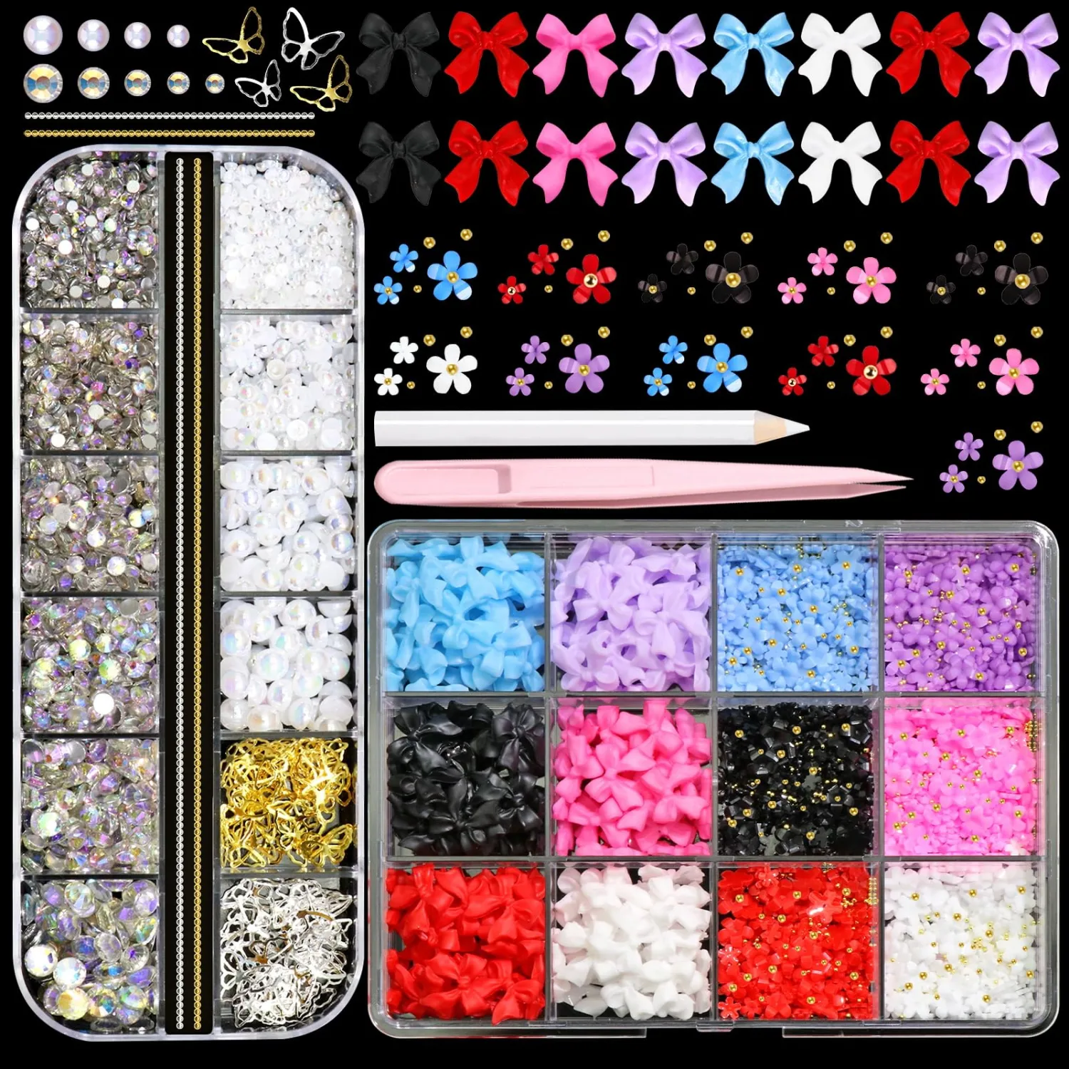 BELICEY 3D Nail Charms Mix Color Bow Charms for Nails Colorful Acrylic Tiny Blossom Flower Nail Art Charms Flatback Pearls AB Crystal Rhinestones Gems for Women DIY Nail Art Design Manicure Crafts