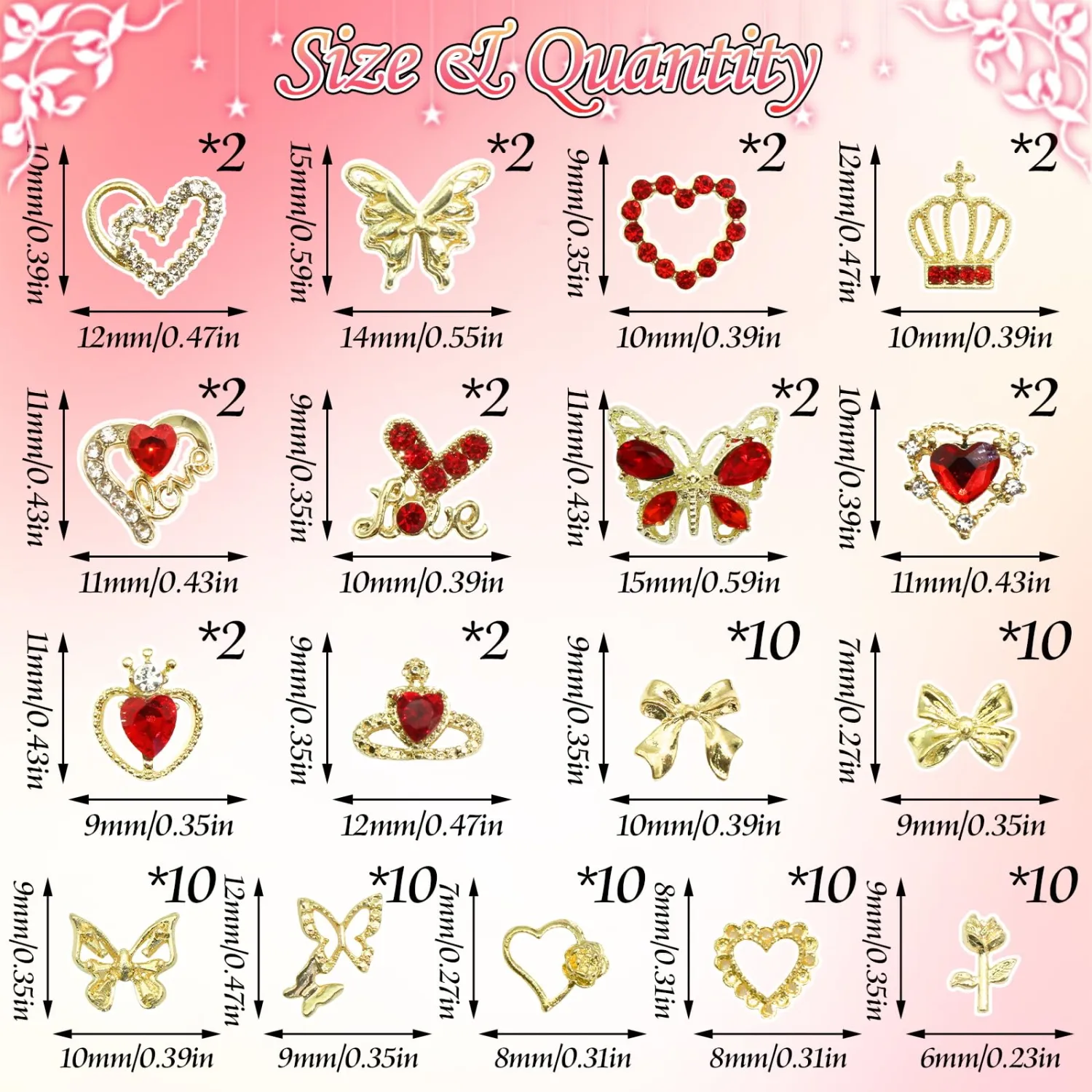 BELICEY 90Pcs Gold Nail Charms 3D Assorted Bow Heart Charms for Nails Metal Alloy Flower Crown Nail Decoration Nail Jewelry Red Gems Rhinestones for DIY Nail Art Design Women Manicure Crafts