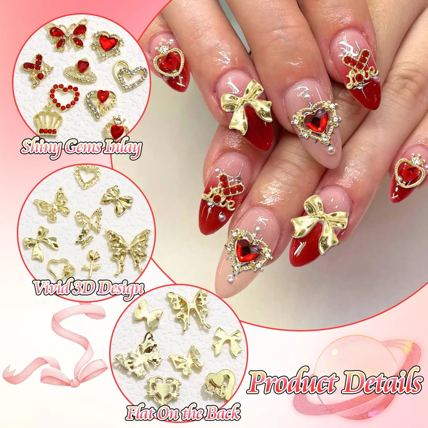 BELICEY 90Pcs Gold Nail Charms 3D Assorted Bow Heart Charms for Nails Metal Alloy Flower Crown Nail Decoration Nail Jewelry Red Gems Rhinestones for DIY Nail Art Design Women Manicure Crafts