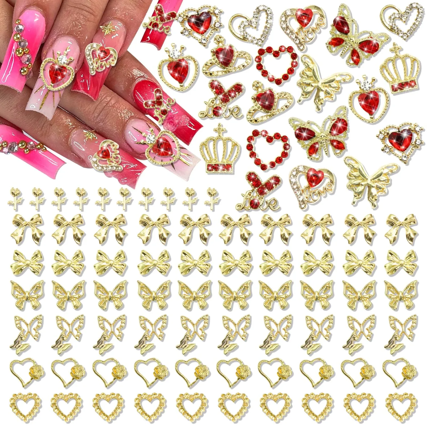 BELICEY 90Pcs Gold Nail Charms 3D Assorted Bow Heart Charms for Nails Metal Alloy Flower Crown Nail Decoration Nail Jewelry Red Gems Rhinestones for DIY Nail Art Design Women Manicure Crafts