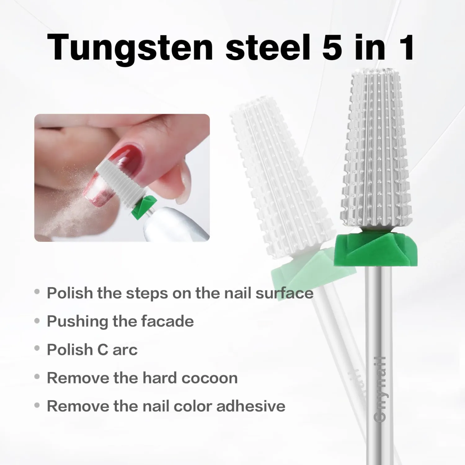 5 in 1 Nail Drill Bit, Tungsten Carbide Multi-Function Bit for Acrylic Nails, Hard Gels, Cuticles Removal, 3/32" Shank, Two-Way Rotation for Left & Right-Handed Use (C Grit, Silver)