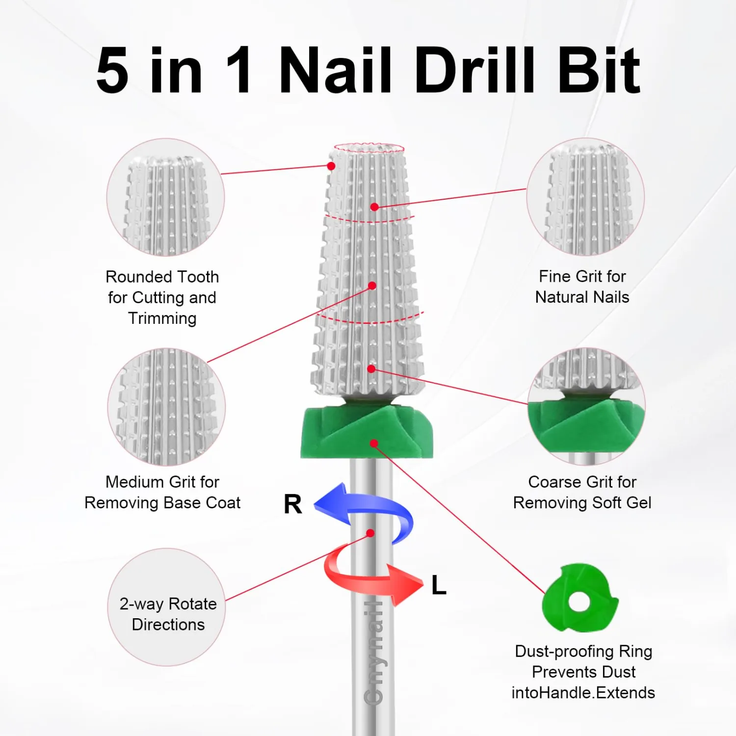 5 in 1 Nail Drill Bit, Tungsten Carbide Multi-Function Bit for Acrylic Nails, Hard Gels, Cuticles Removal, 3/32" Shank, Two-Way Rotation for Left & Right-Handed Use (C Grit, Silver)
