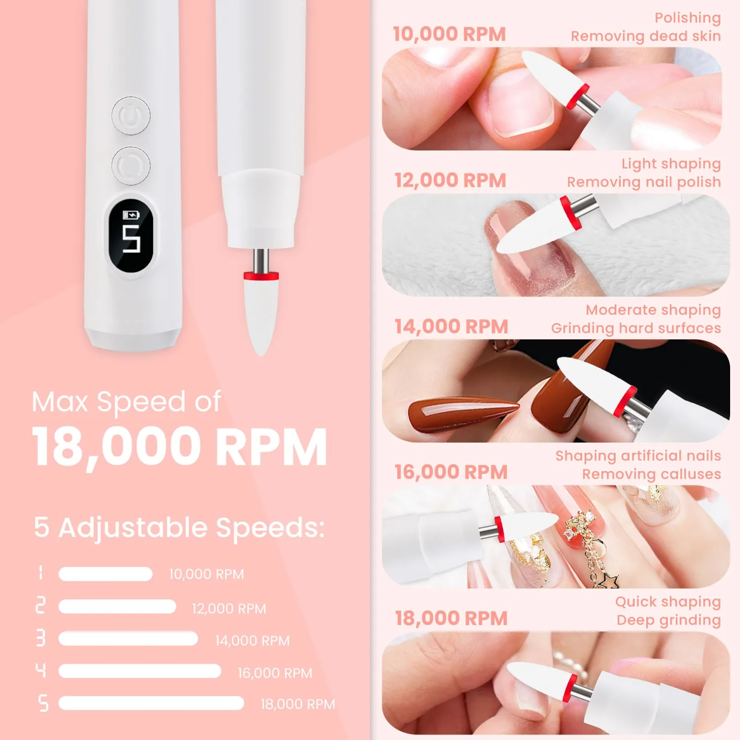 Cordless Electric Nail Drill Kit, Portable Rechargeable Nail Drill Set, Battery Electric Nail File, 5 Speeds Modes, LED Lighting, Reversible Direction, DIY, Professional (White)