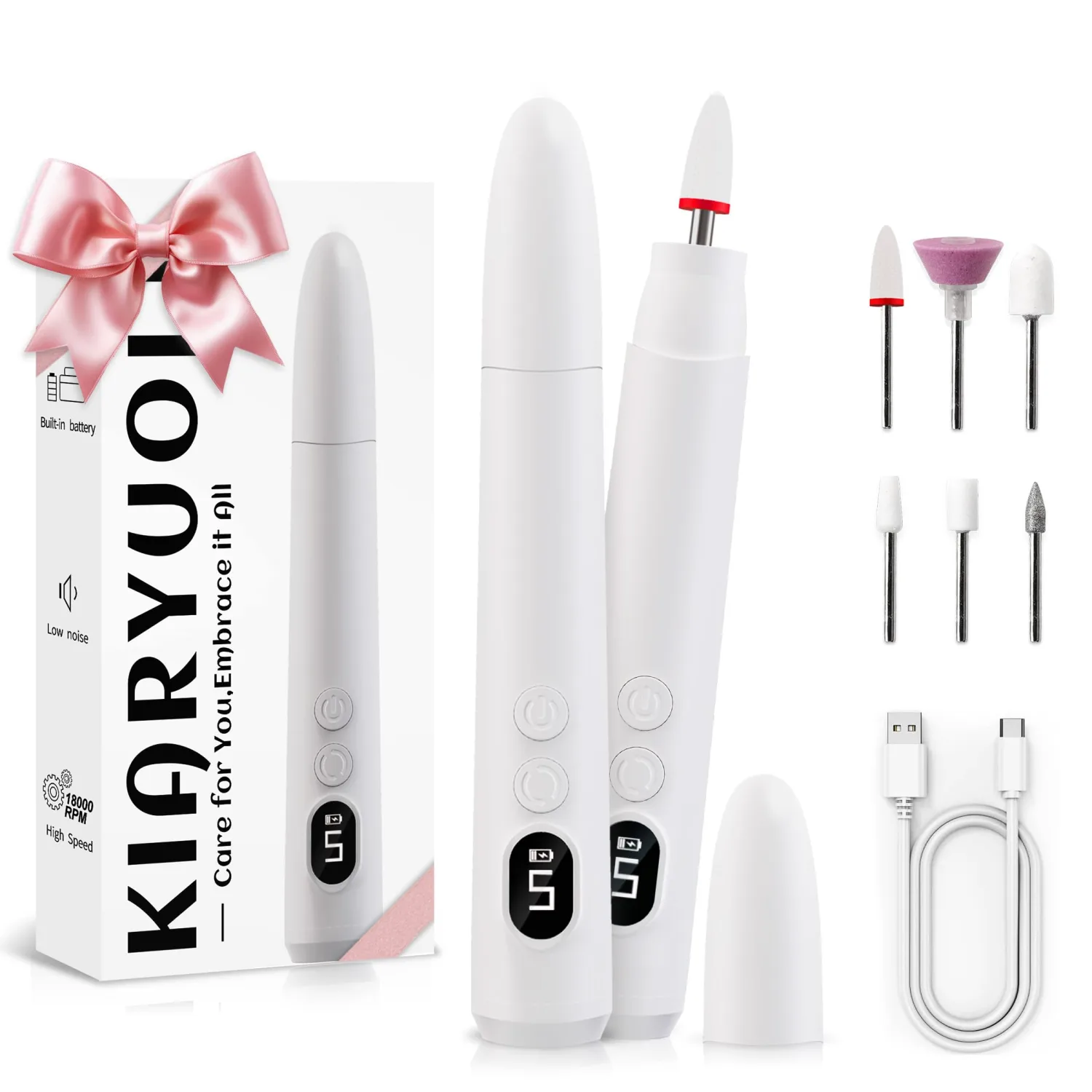 Cordless Electric Nail Drill Kit, Portable Rechargeable Nail Drill Set, Battery Electric Nail File, 5 Speeds Modes, LED Lighting, Reversible Direction, DIY, Professional (White)