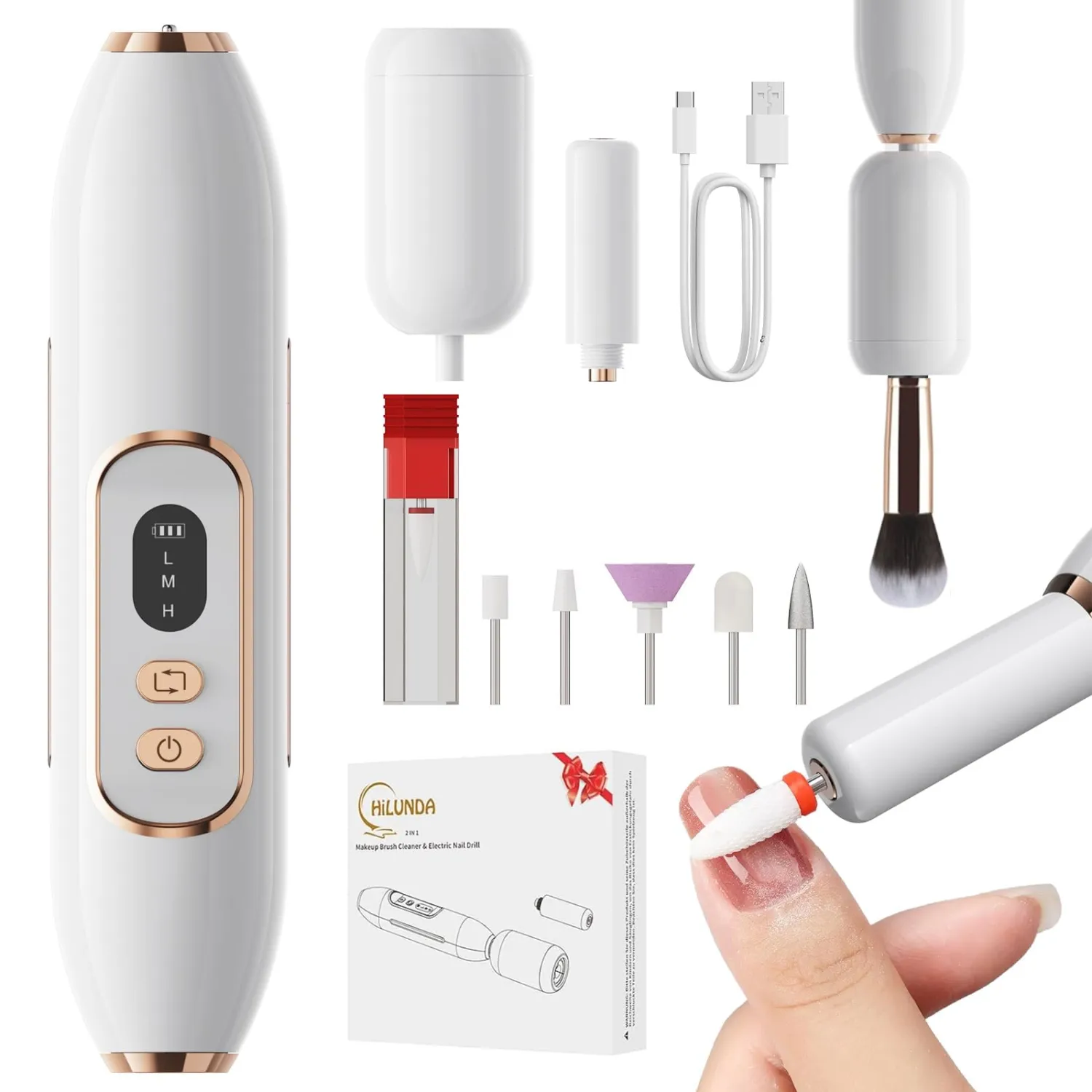 2-in-1 Nail Drill Electric Nail File with Makeup Brush Cleaner Machine (No Bowl), 1500 mAh Battery, Ultra Low Noise, Portable and Rechargeable for Travel & Home