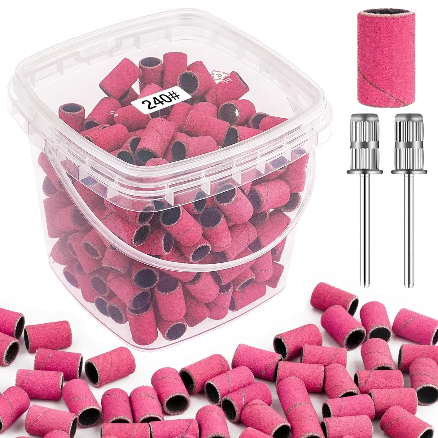 Sanding Bands for Nail Drill 240 Grit Extreme Fine Nail Sanding Bands 200Pcs Pink Professional Sanding Bands and 2Pcs Nail Drill Bits for Manicures and Pedicure