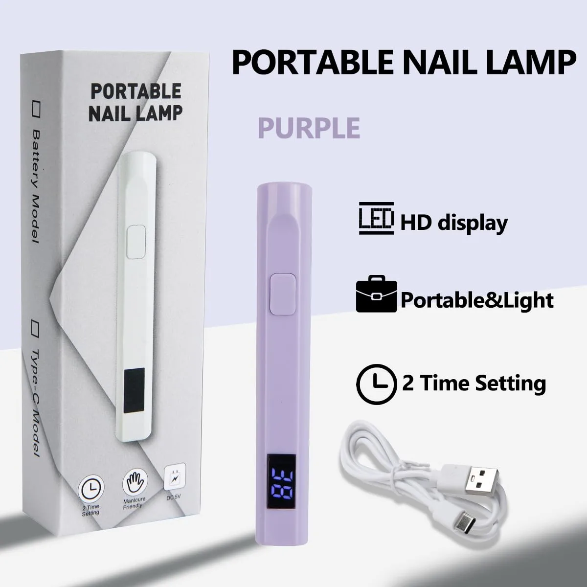Portable Mini Handheld USB Nail Dryer, LED Nail Lamp, Timer Display | Quick-Drying Nail Tool, Specially Designed for Nail Technicians, Nail Salons and Holiday Gifts (Purple)