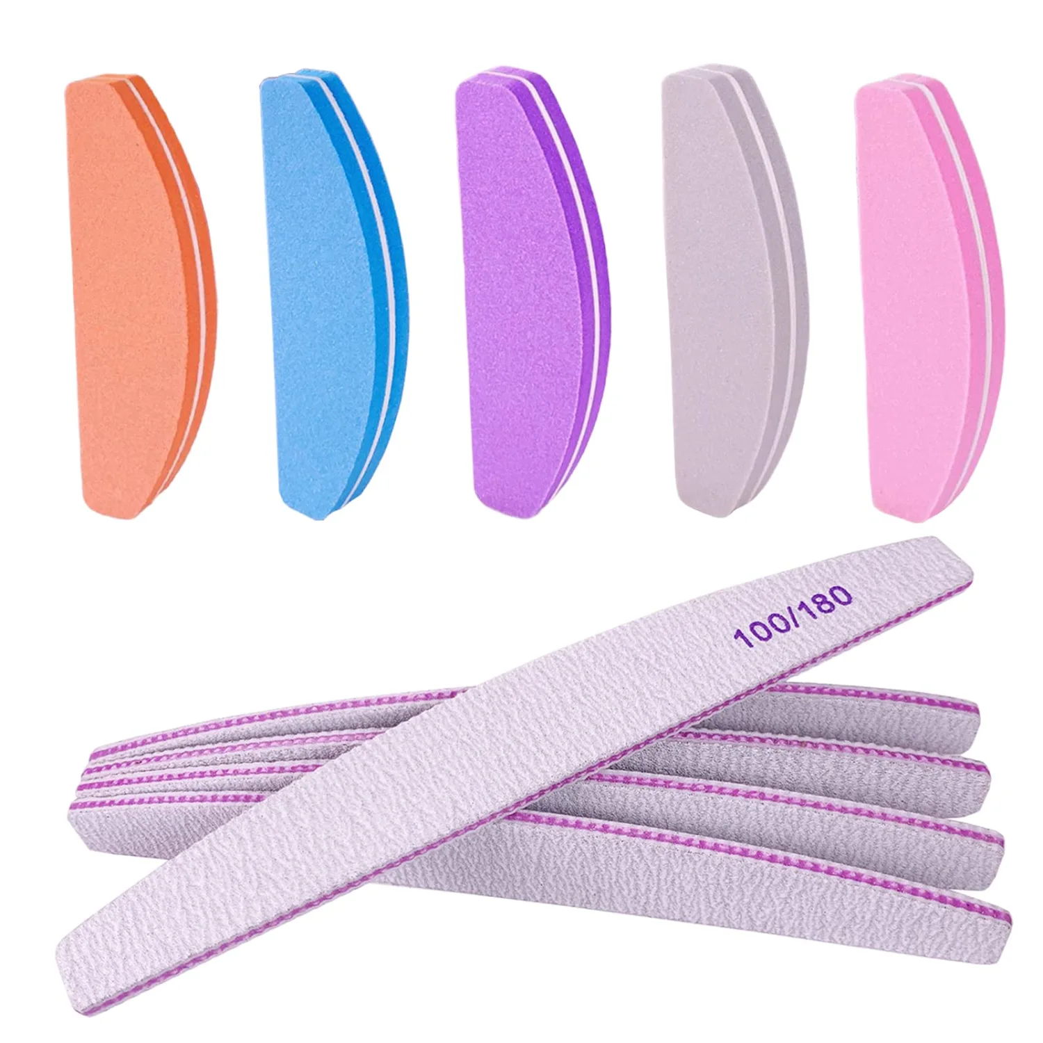 Nail File and Buffer (10 Pcs), Buffer Block Nail Files Double Sided 100/180 Grit for Acrylic and Natural Nails, fingernail Emery Board Buffing Blocks Manicure Set Nail Care kit Tool Halfmoon Arc