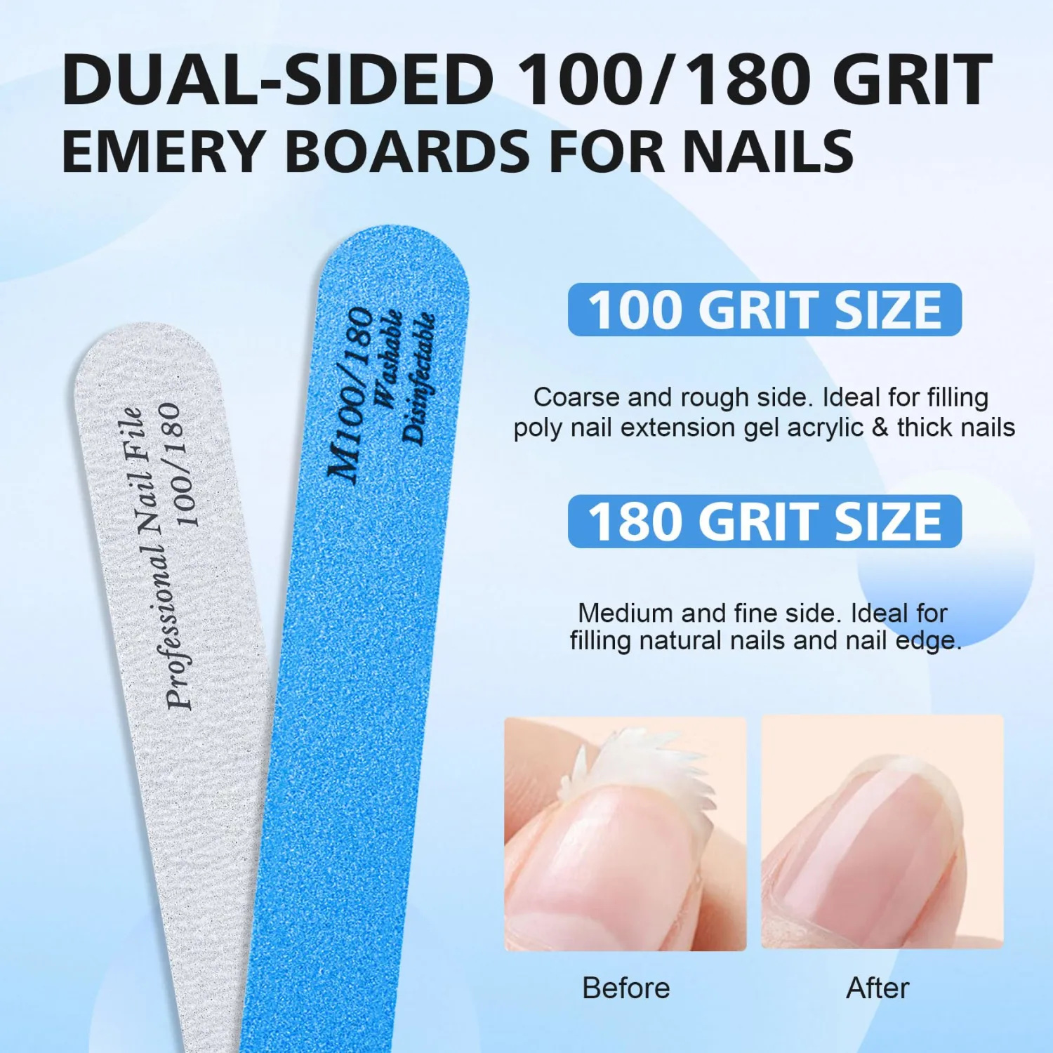 BALUCA 10-Pack Professional Nail Files & Buffers for Acrylic & Natural Nails | Double-Sided 100/180 Grit Emery Boards | Reusable Salon-Grade Nail Filer & Shine Kit for Women & Pets (Blue)