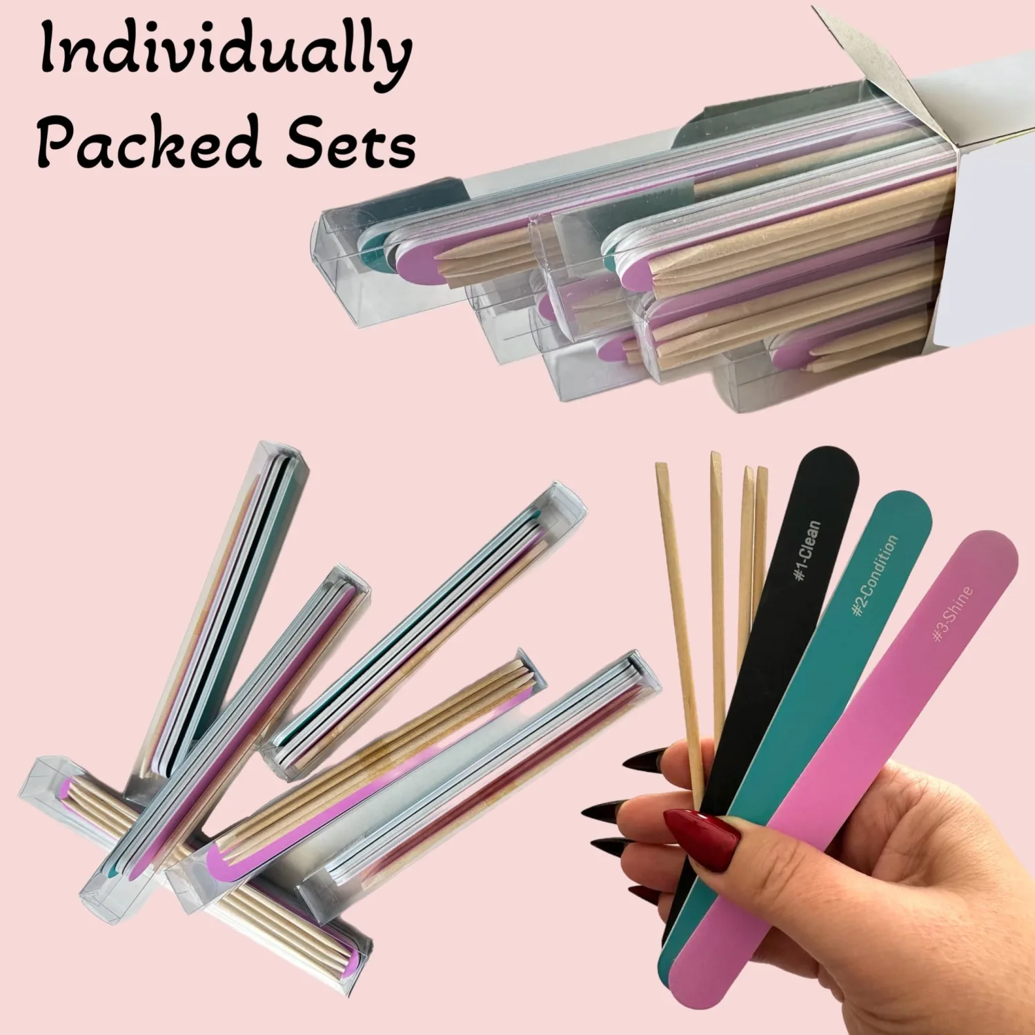 42pc Value Set Nail File Emery Boards & Cuticle Sticks: 6 Black (Clean) 6 Blue (Condition) 6 Pink (Shine) 24 Wood Sticks Cuticle Pushers All Nails Natural Acrylic Gel Press-On Travel TSA Friendly