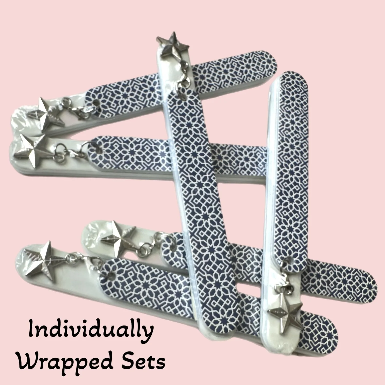 Set of 12 Dual-Sided Nail File Emery Boards: 6 Medium/Coarse Grit 5” Star Charm & 6 Cushioned Foam 6.5” Manicure Pedicure Filing Smoothing TSA Travel Approved Fashionable Geometric Blue & White