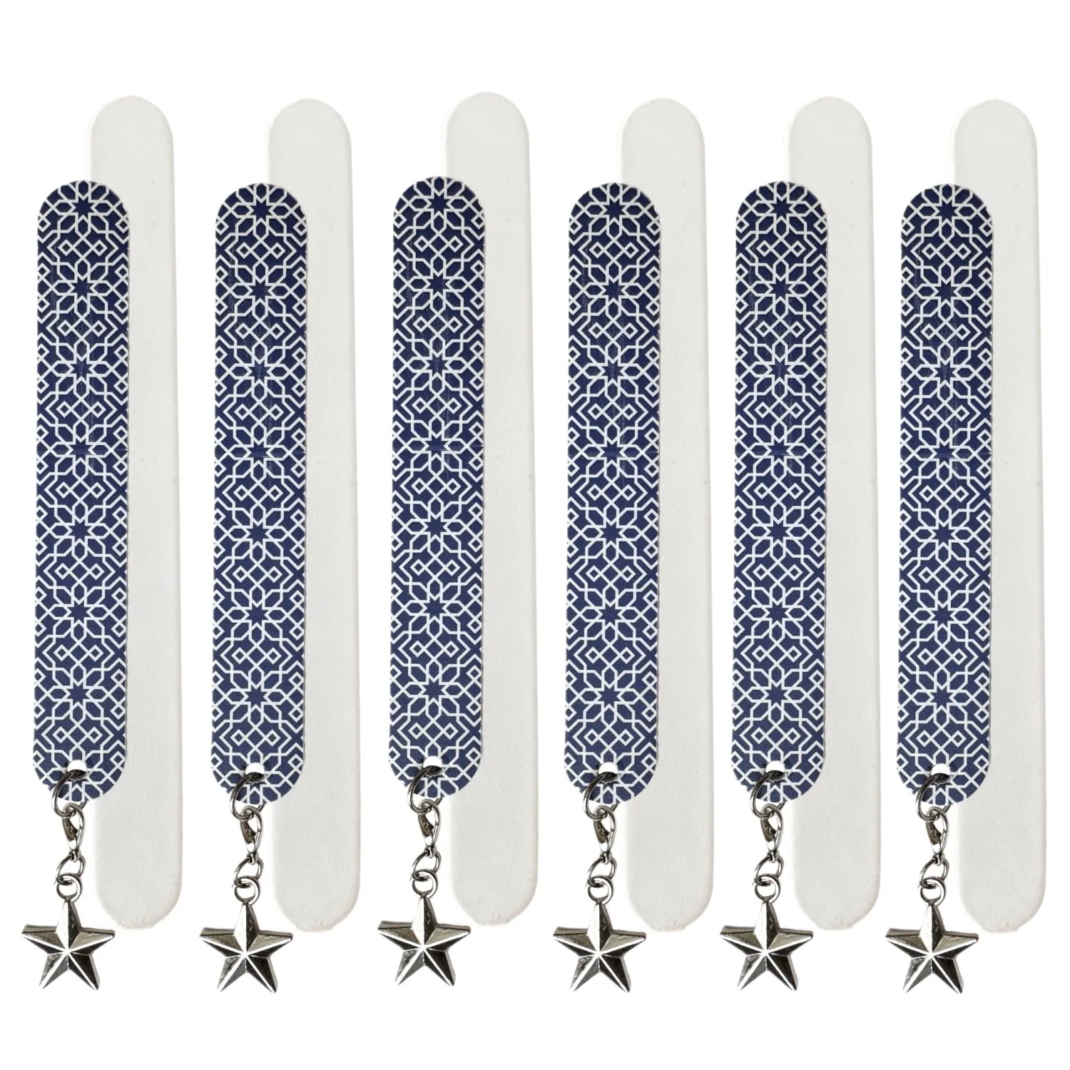 Set of 12 Dual-Sided Nail File Emery Boards: 6 Medium/Coarse Grit 5” Star Charm & 6 Cushioned Foam 6.5” Manicure Pedicure Filing Smoothing TSA Travel Approved Fashionable Geometric Blue & White