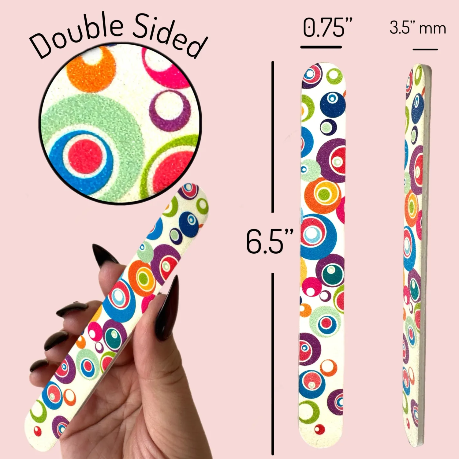 ALAZCO Set of 12 Dual-Sided Nail File Emery Board Heavy Medium Grit Cushioned Washable Easy Grip Comfortable Filing Smoothing Finishing Nails 6.5” Travel TSA Approved (Retro Circles)