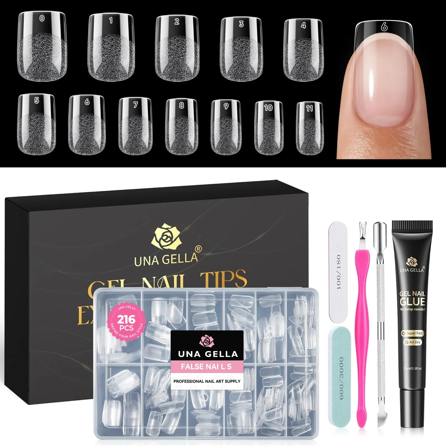 UNA GELLA Gel Nail Kit: Short Square Soft Gel Nail Tips and Strong Nail Glue Air Dry 216Pcs Pre-etched Full Cover Press on Nails Semi Solid Nail Glue with Manicure Tools No U V Lamp Needed DIY Home