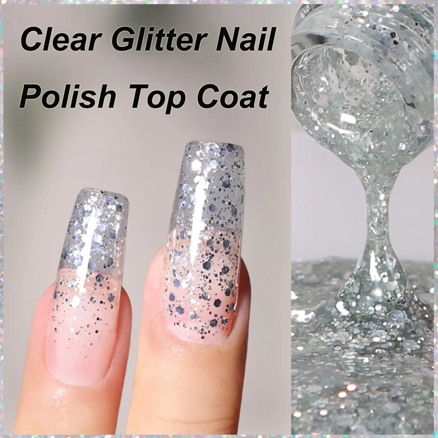 Clear Glitter Nail Polish Top Coat, 15ML Transparent Silver Nailpolish with Hexagon Flakes, Quick Dry Chunky Glitter Nail Polish No UV Light Needed, Sparkle Vegan Top Coat for Women Girls DIY