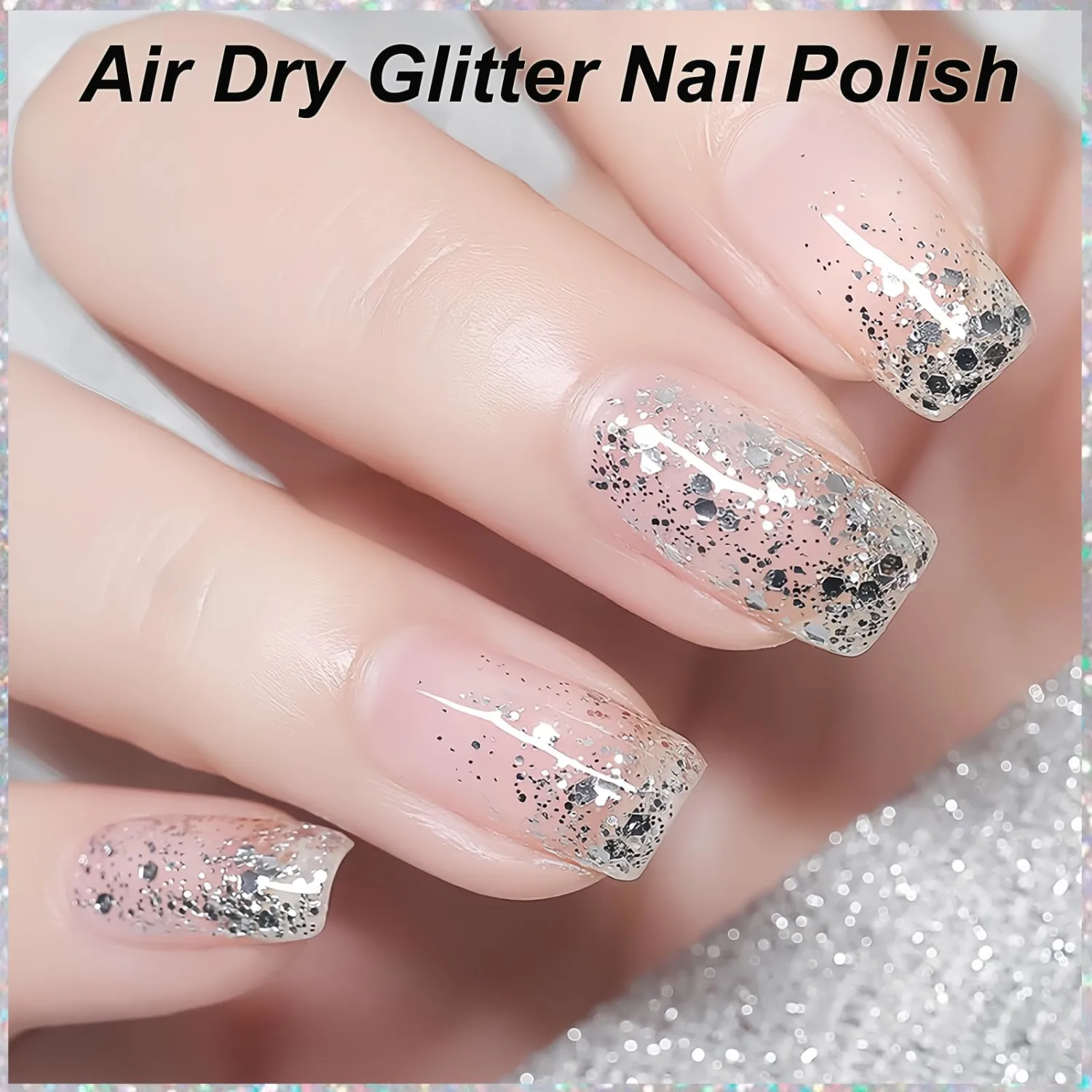 Clear Glitter Nail Polish Top Coat, 15ML Transparent Silver Nailpolish with Hexagon Flakes, Quick Dry Chunky Glitter Nail Polish No UV Light Needed, Sparkle Vegan Top Coat for Women Girls DIY