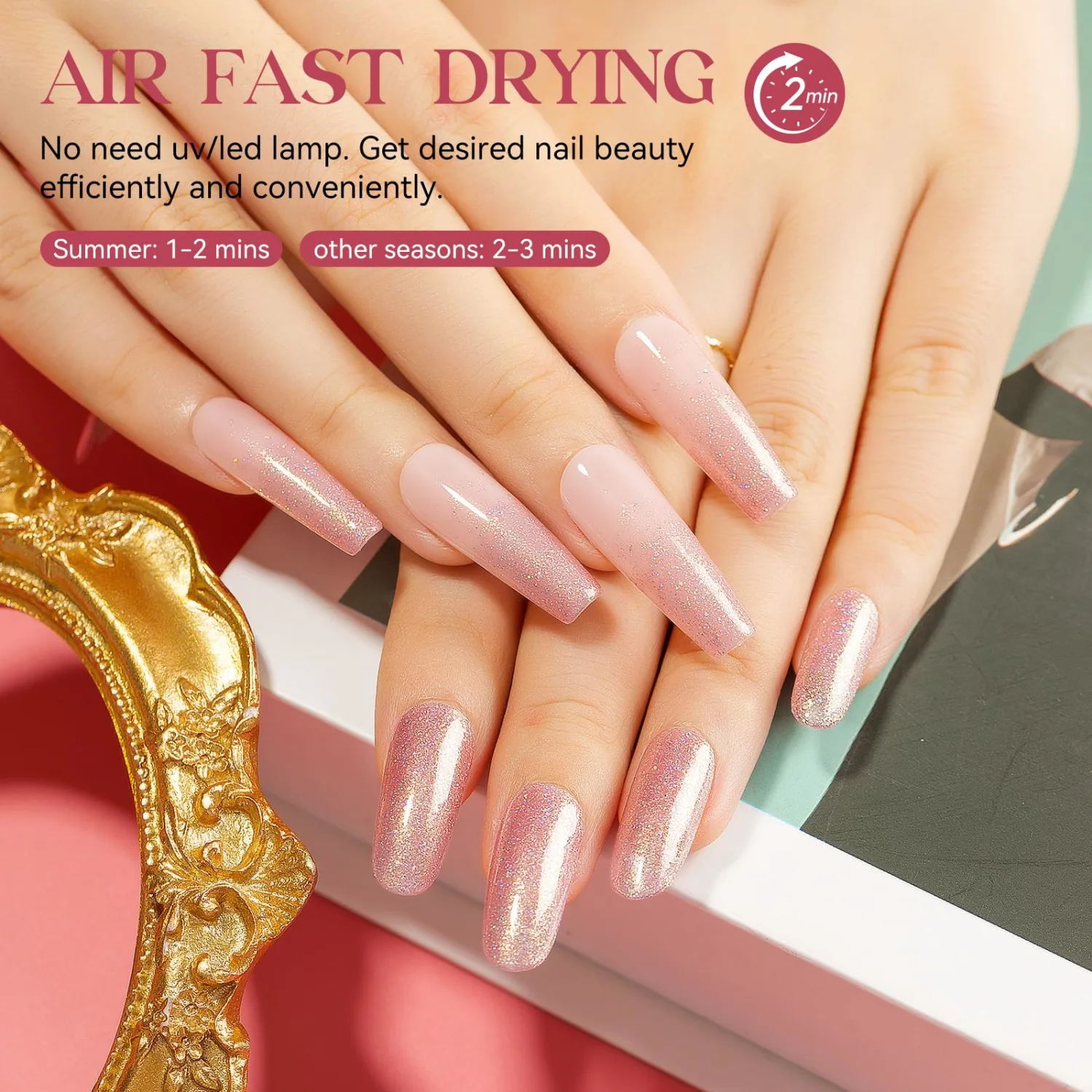 MIZHSE Quick Dry Nail Polish, Glitter Pink Nail Polish Non Gel Air Drying Fast, 15 ml Regular Sparkle Shimmery Oil-based Glitter Nail Lacquer Full Coverage Nail Art Manicure DIY Home