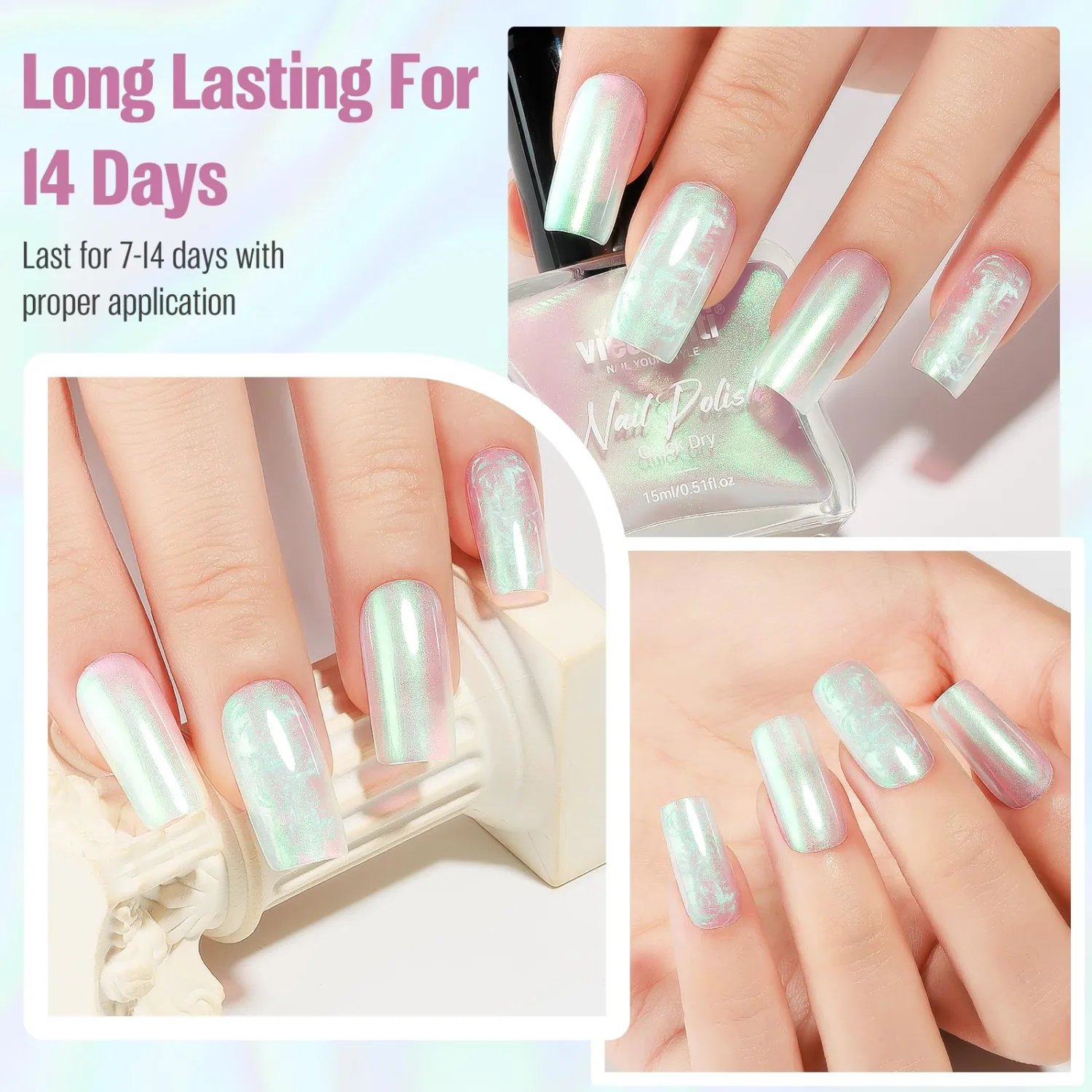 Pearl Pink to Green Iridescent Nail Polish 15ml - Aurora Mermaid & Unicorn Glossy, Quick Dry Air Dry Long Lasting, Oil-Based Vegan Nail Art Polish - DIY at Home
