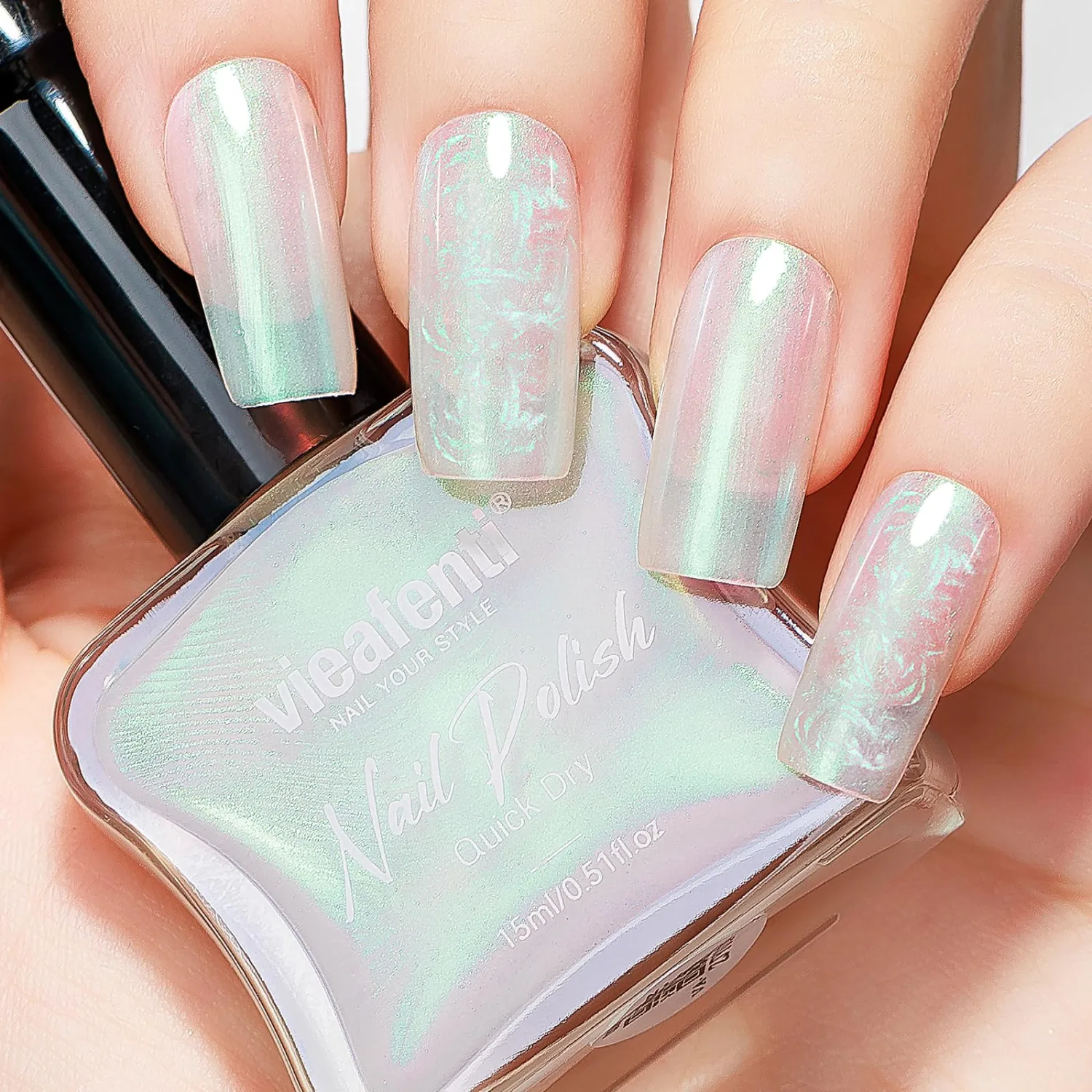 Pearl Pink to Green Iridescent Nail Polish 15ml - Aurora Mermaid & Unicorn Glossy, Quick Dry Air Dry Long Lasting, Oil-Based Vegan Nail Art Polish - DIY at Home