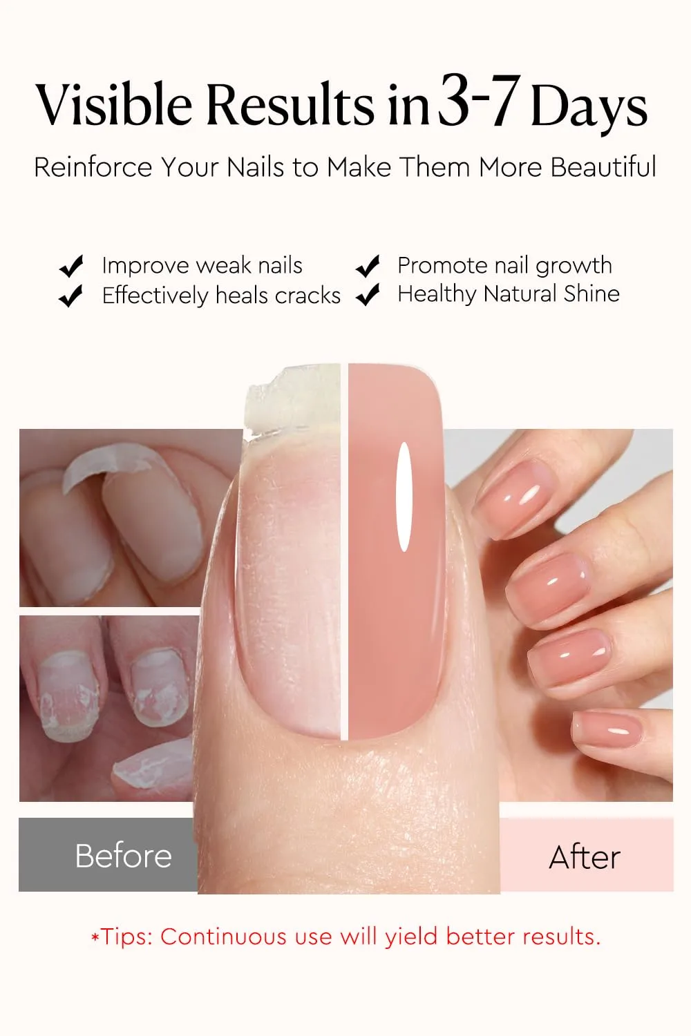 AzureBeauty 18ml Nail Strengthener and Growth, Peach Pink Nail Polish Peel Off Nail Repair for Damaged Nails, Ridge Filler Air Dry Natural Polish Concealer Foundation