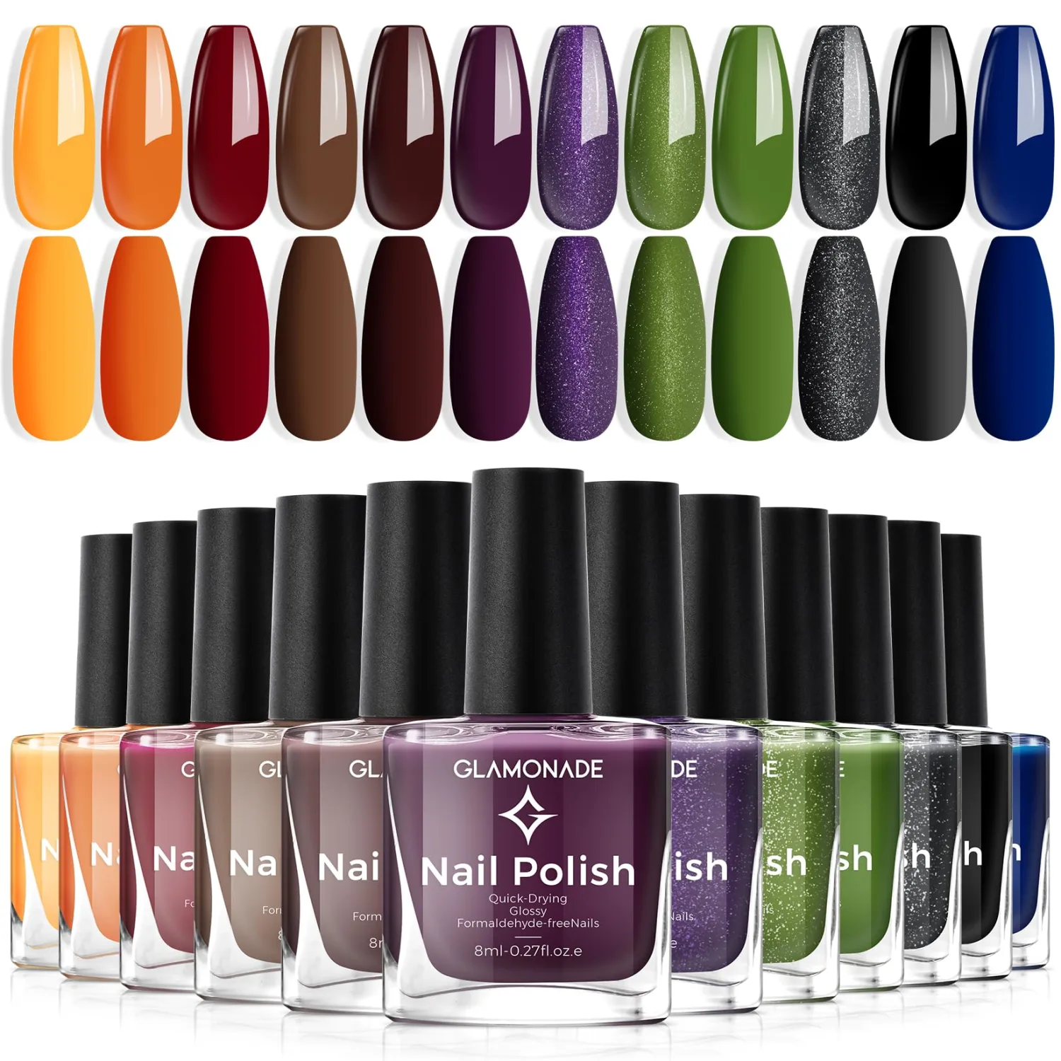 Glamonade Dark Nail Polish Set: 12 Colors Glitter Green Dark Red Black Brown Shimmer Long Lasting Fingernail Polish kit Air Quick Dry Home DIY Manicure Gifts for Women Girls