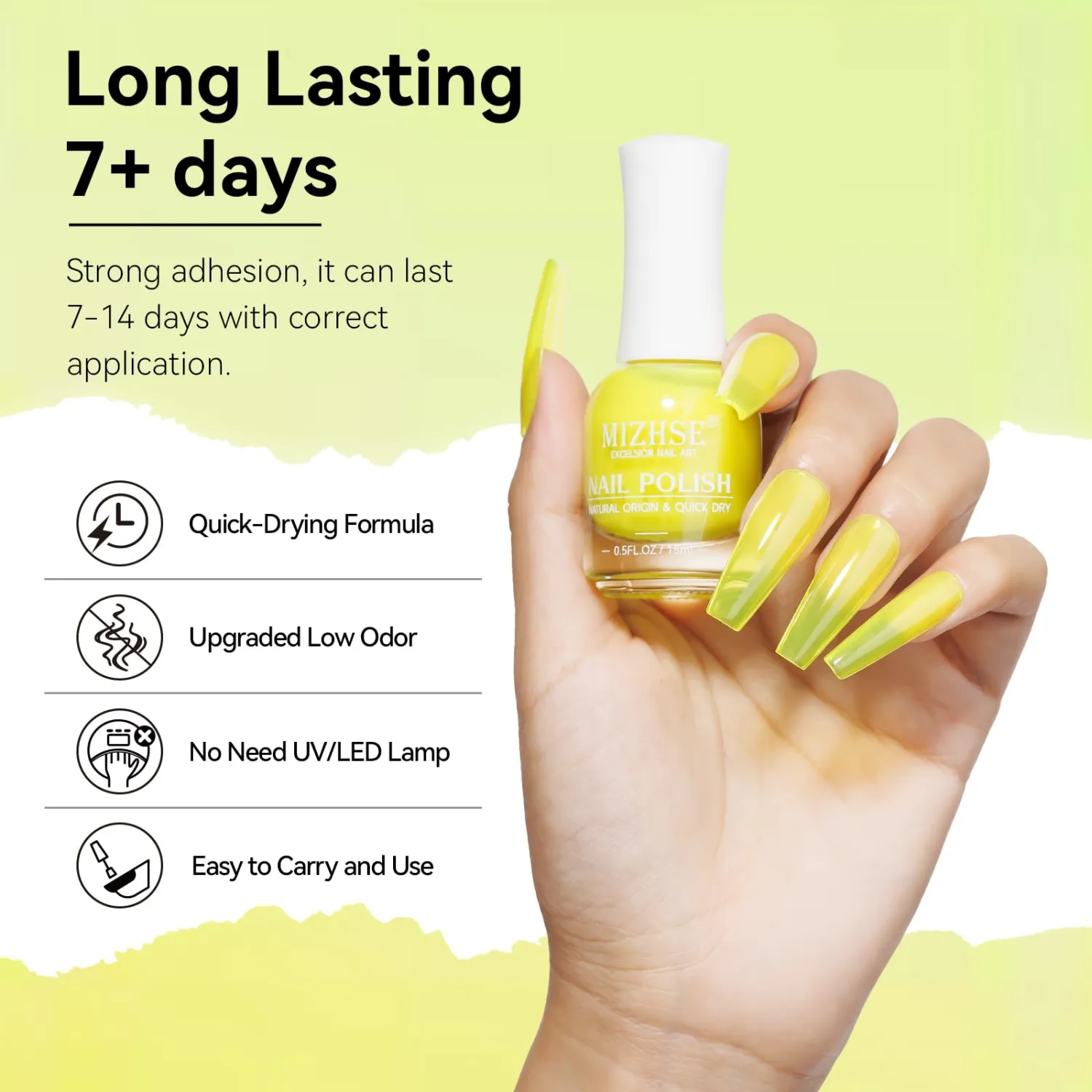 MIZHSE Quick Dry Nail Polish: Neon Yellow Fall Nail Polish Air Dry Fast, 15ml/0.5 fl oz Regular Water-based Nail Lacquer Non-Gel Full Coverage High Glossy Shine Manicure DIY Nail Art Ideal Gift