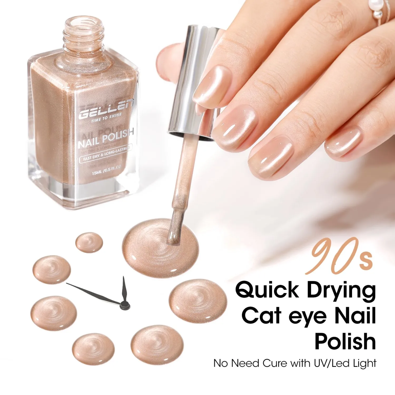 GELLEN Quick Dry Cat Eye Nail Polish, Magnetic Champagne Fingernail Polish, Fast Drying Glitter Holographic Nail Polish Non Gel with Magnet Tool, DIY Salon Home, 0.51 Fl.oz