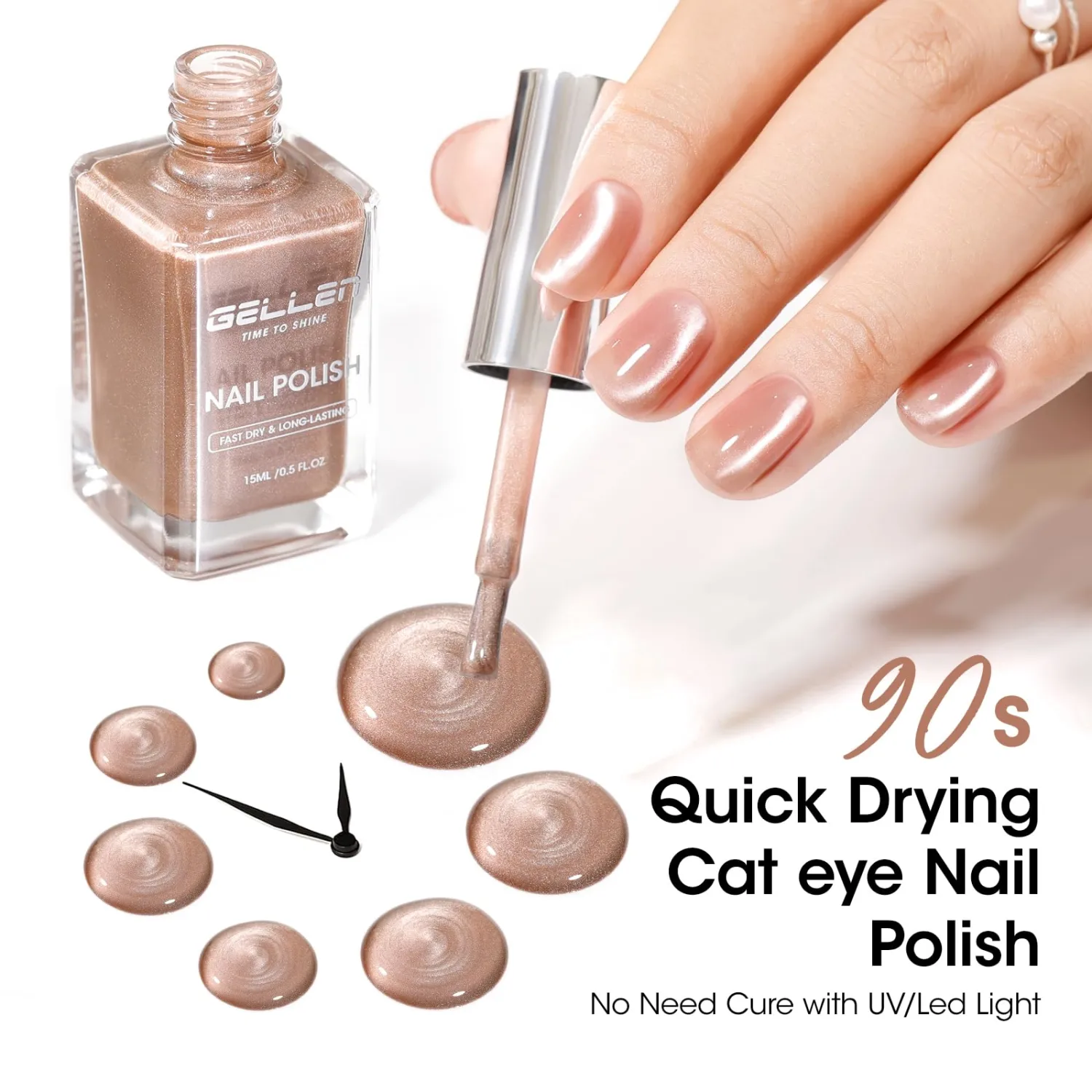GELLEN Quick Dry Cat Eye Nail Polish, Magnetic Mocha Brown Fingernail Polish, Fast Drying Glitter Holographic Nail Polish Non Gel with Magnet Tool, DIY Salon Home, 0.51 Fl.oz