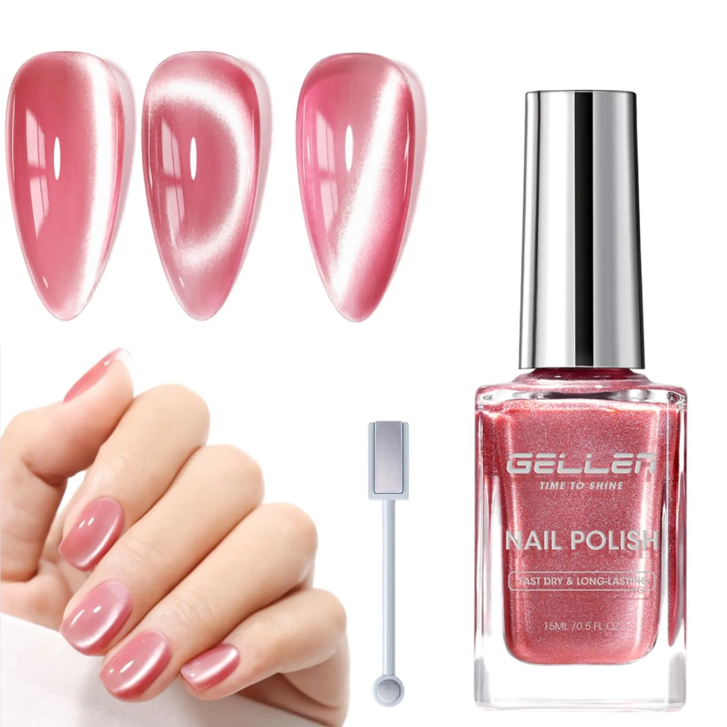 GELLEN Quick Dry Cat Eye Nail Polish, Magnetic Pink Fingernail Polish, Fast Drying Glitter Holographic Nail Polish Non Gel with Magnet Tool, DIY Salon Home