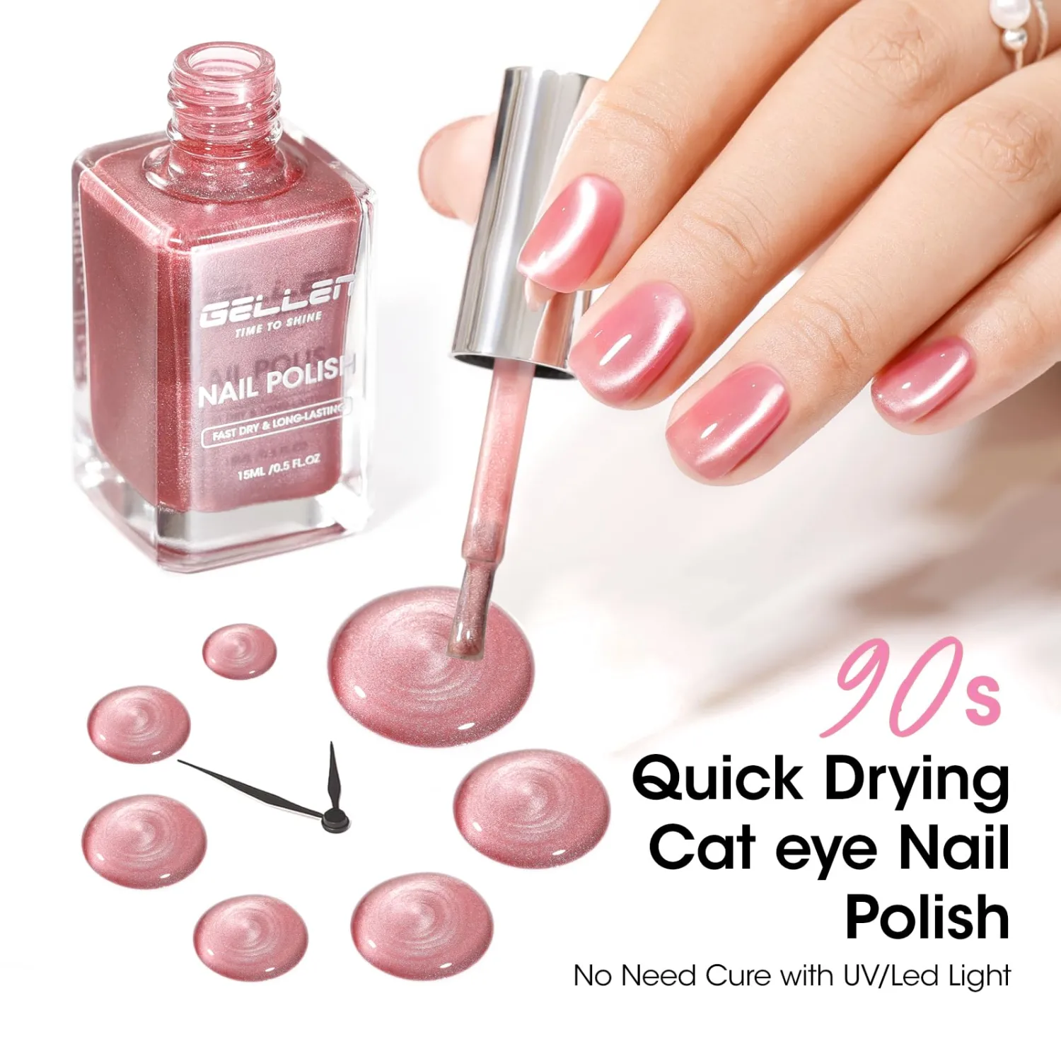 GELLEN Quick Dry Cat Eye Nail Polish, Magnetic Pink Fingernail Polish, Fast Drying Glitter Holographic Nail Polish Non Gel with Magnet Tool, DIY Salon Home