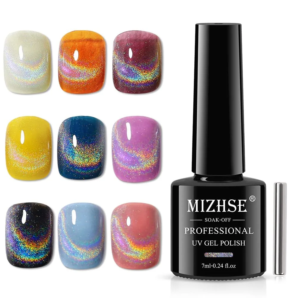 MIZHSE Universal Rainbow Cat Eye Gel Nail Polish, Holographic 9D Cat Eye Magnetic Gel Polish with Magnet Stick, Shiny Glitter Chrome Gel Polish Soak Off Gel Nail Art Salon Manicure DIY at Home