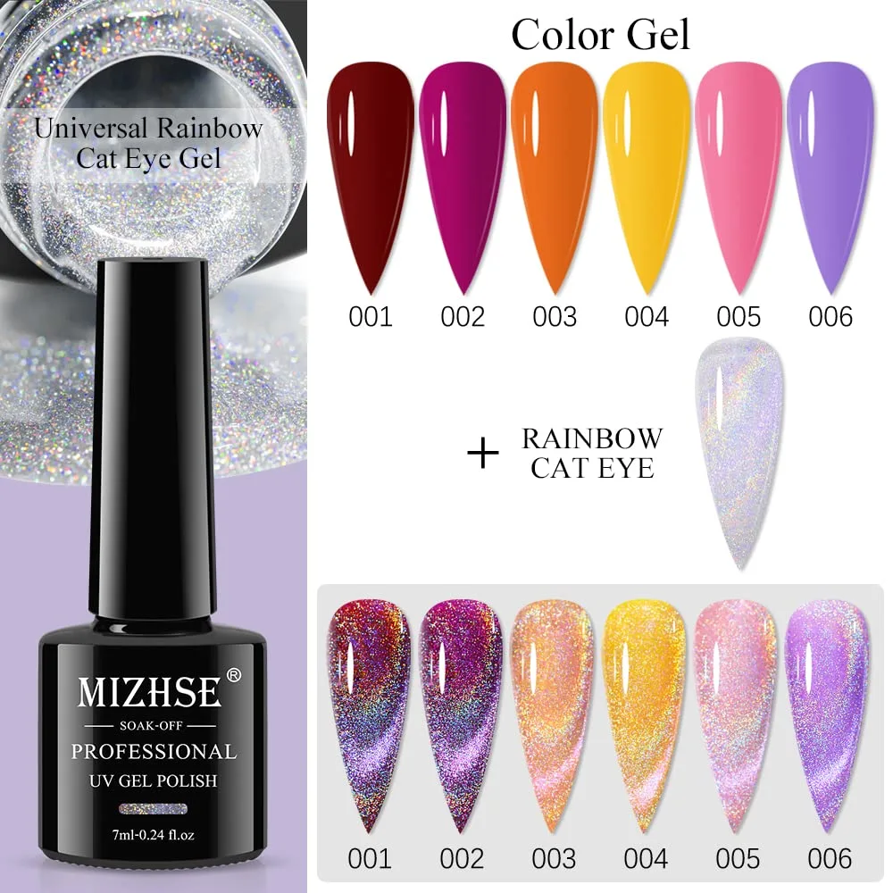 MIZHSE Universal Rainbow Cat Eye Gel Nail Polish, Holographic 9D Cat Eye Magnetic Gel Polish with Magnet Stick, Shiny Glitter Chrome Gel Polish Soak Off Gel Nail Art Salon Manicure DIY at Home