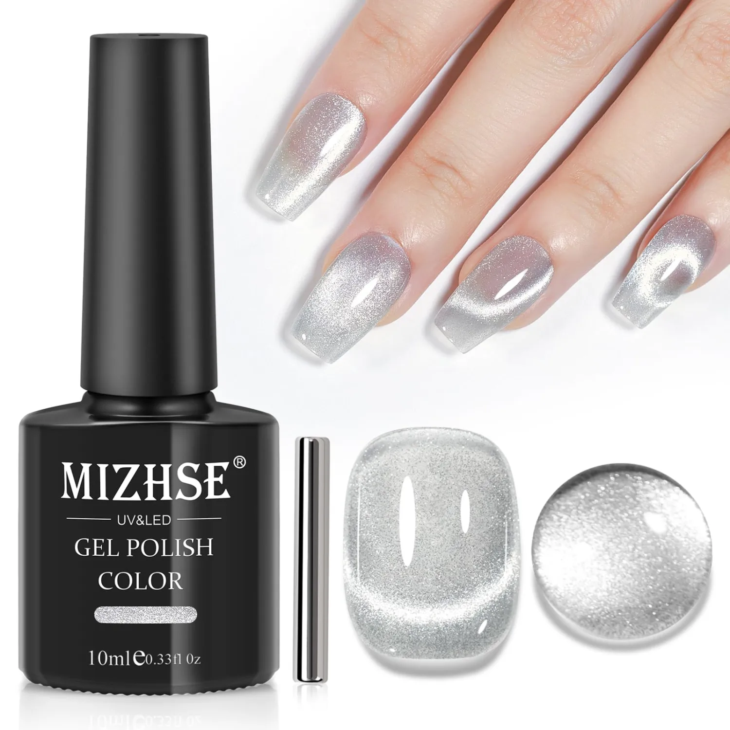 MIZHSE Universal Silver Cat Eye Gel Nail Polish, Magnetic Gel Polish with Magnet Stick, 10 ml Velvet Gray Glitter Galaxy Cateye Nail Polish Soak Off Nail Art Salon Manicure DIY at Home